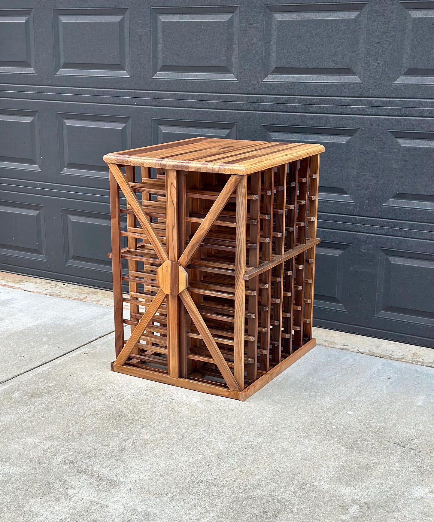 Vintage 100+ Bottle Storage Natural Solid Wood Bar Height Tasting Table - Large Geometric Wine Rack Table