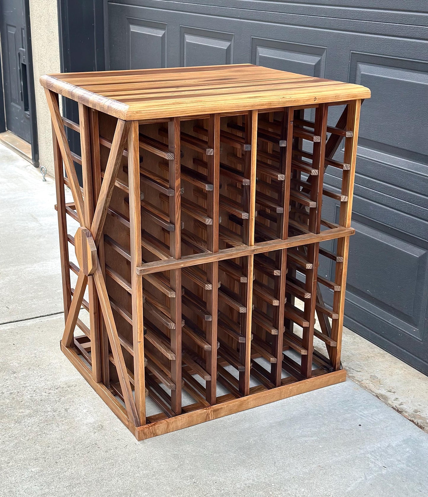Vintage 100+ Bottle Storage Natural Solid Wood Bar Height Tasting Table - Large Geometric Wine Rack Table