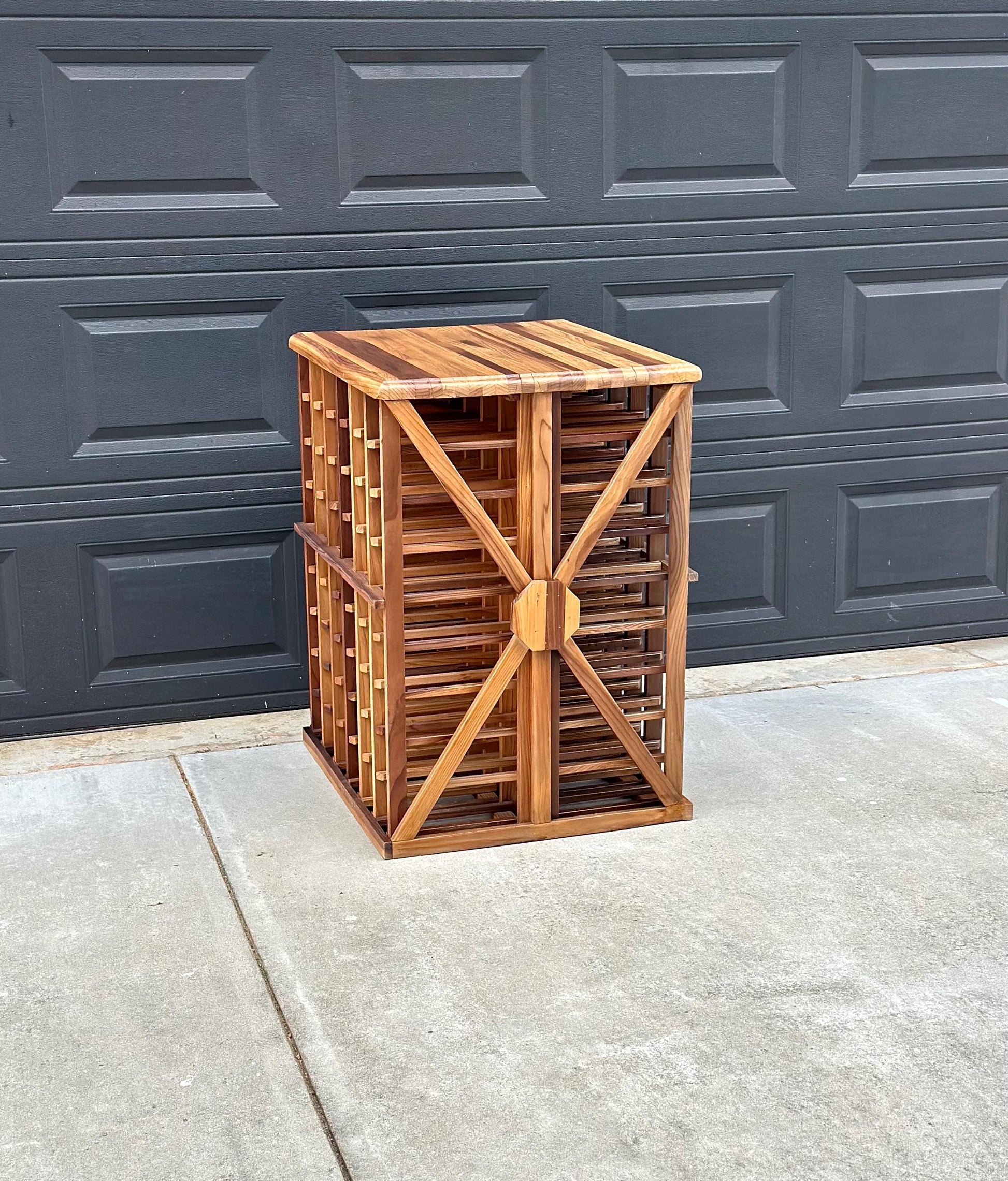 Vintage 100+ Bottle Storage Natural Solid Wood Bar Height Tasting Table - Large Geometric Wine Rack Table