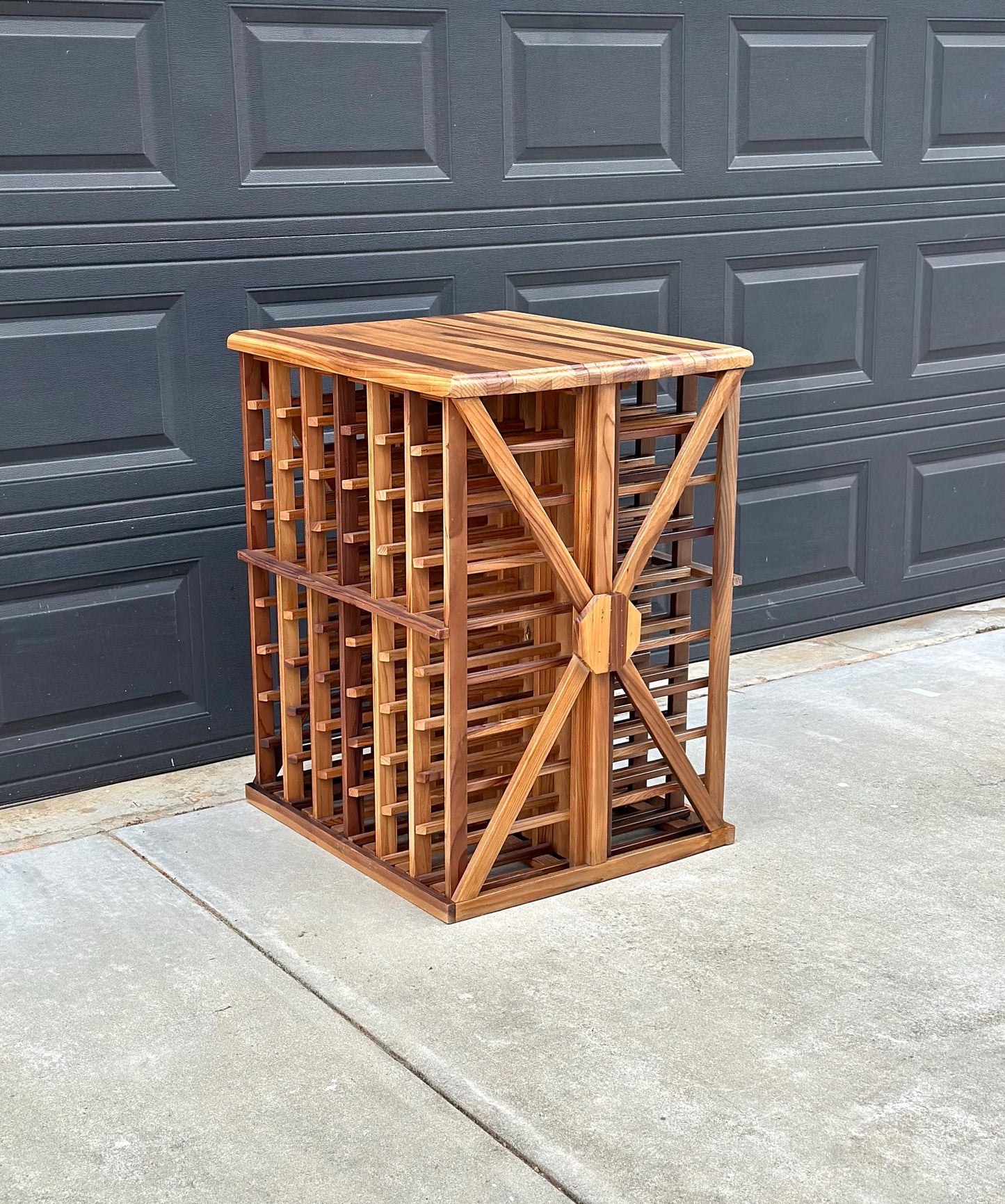 Vintage 100+ Bottle Storage Natural Solid Wood Bar Height Tasting Table - Large Geometric Wine Rack Table