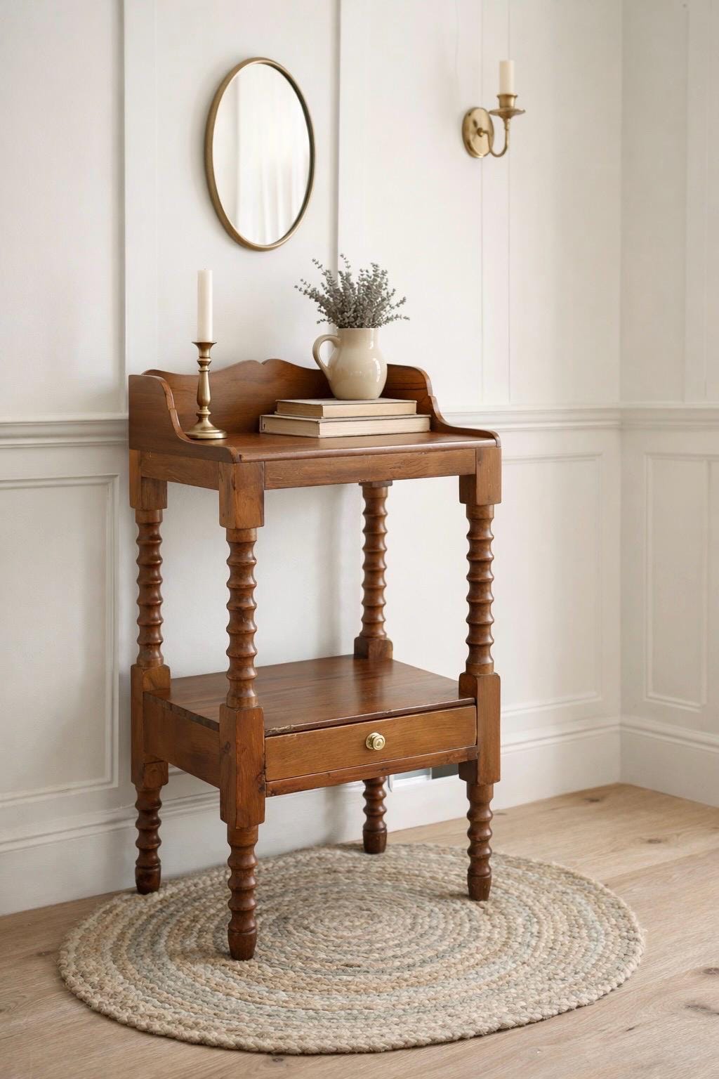 Antique Early 1900's Spindle Leg Solid Wood Two Tier Single Drawer Side Table