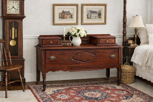 Antique Early 1900's Solid Wood Blanket Chest - Turned Leg Mahogany Princess Low Dresser on Casters