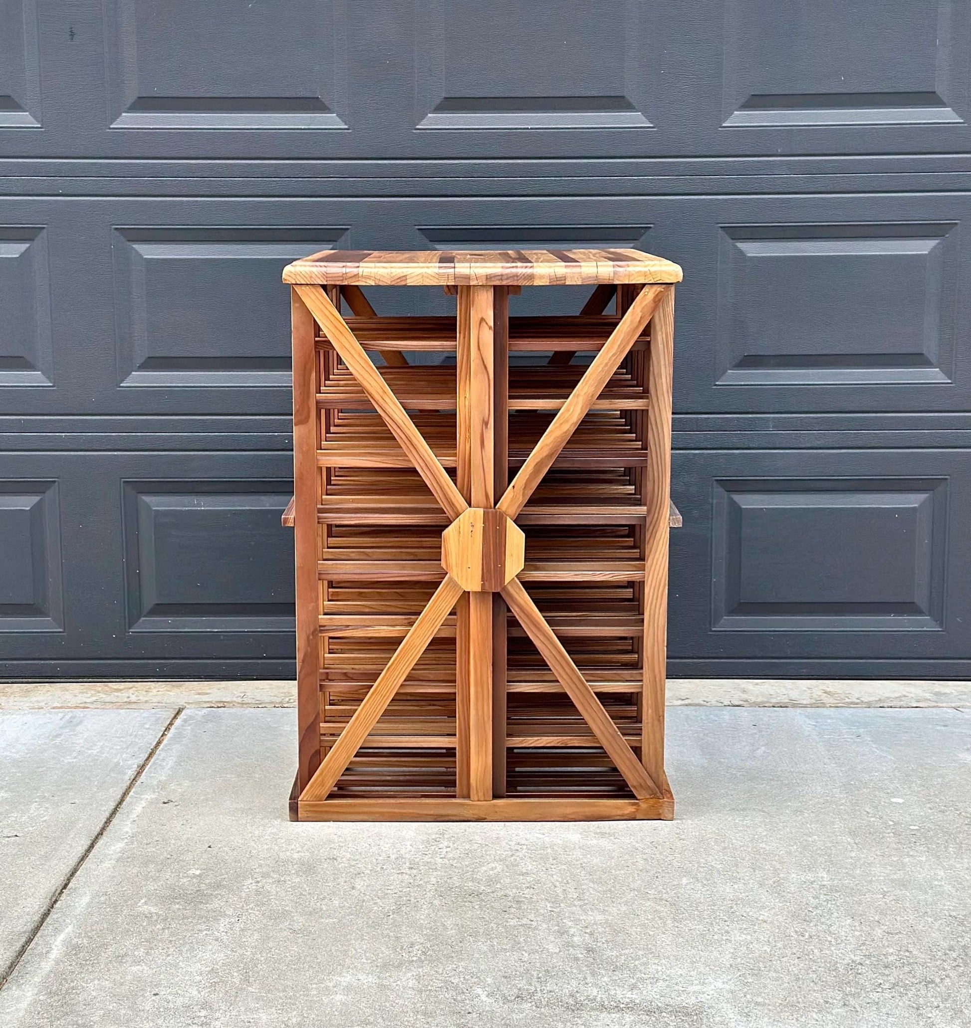 Vintage 100+ Bottle Storage Natural Solid Wood Bar Height Tasting Table - Large Geometric Wine Rack Table