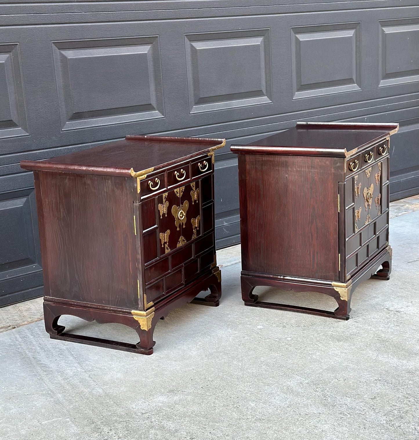 Vintage Mid 1900's Solid Wood & Brass Oriental Chest Side Cabinet Table Set - a Pair