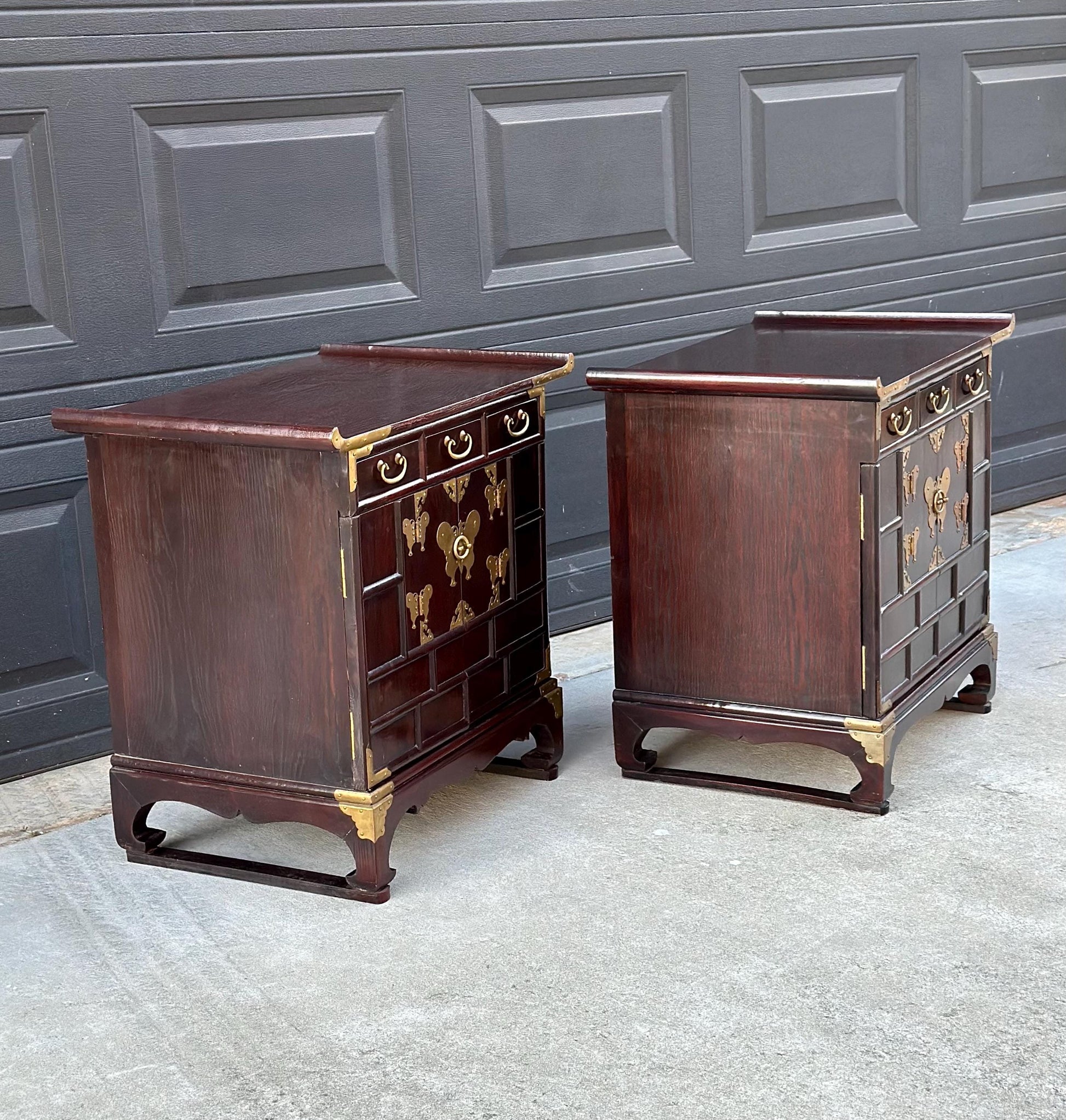 Vintage Mid 1900's Solid Wood & Brass Oriental Chest Side Cabinet Table Set - a Pair