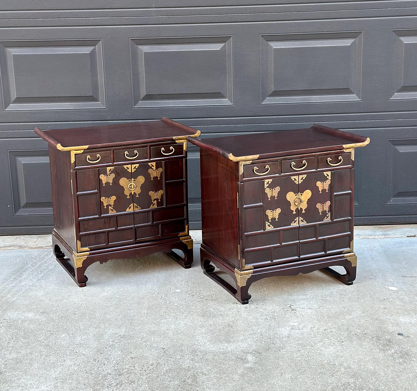 Vintage Mid 1900's Solid Wood & Brass Oriental Chest Side Cabinet Table Set - a Pair