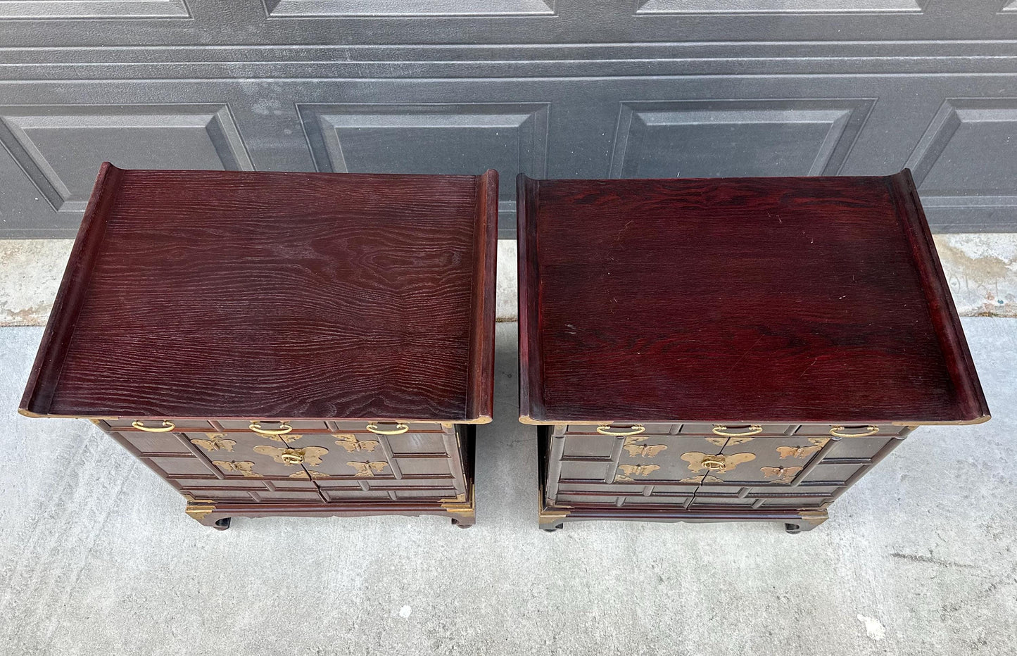 Vintage Mid 1900's Solid Wood & Brass Oriental Chest Side Cabinet Table Set - a Pair