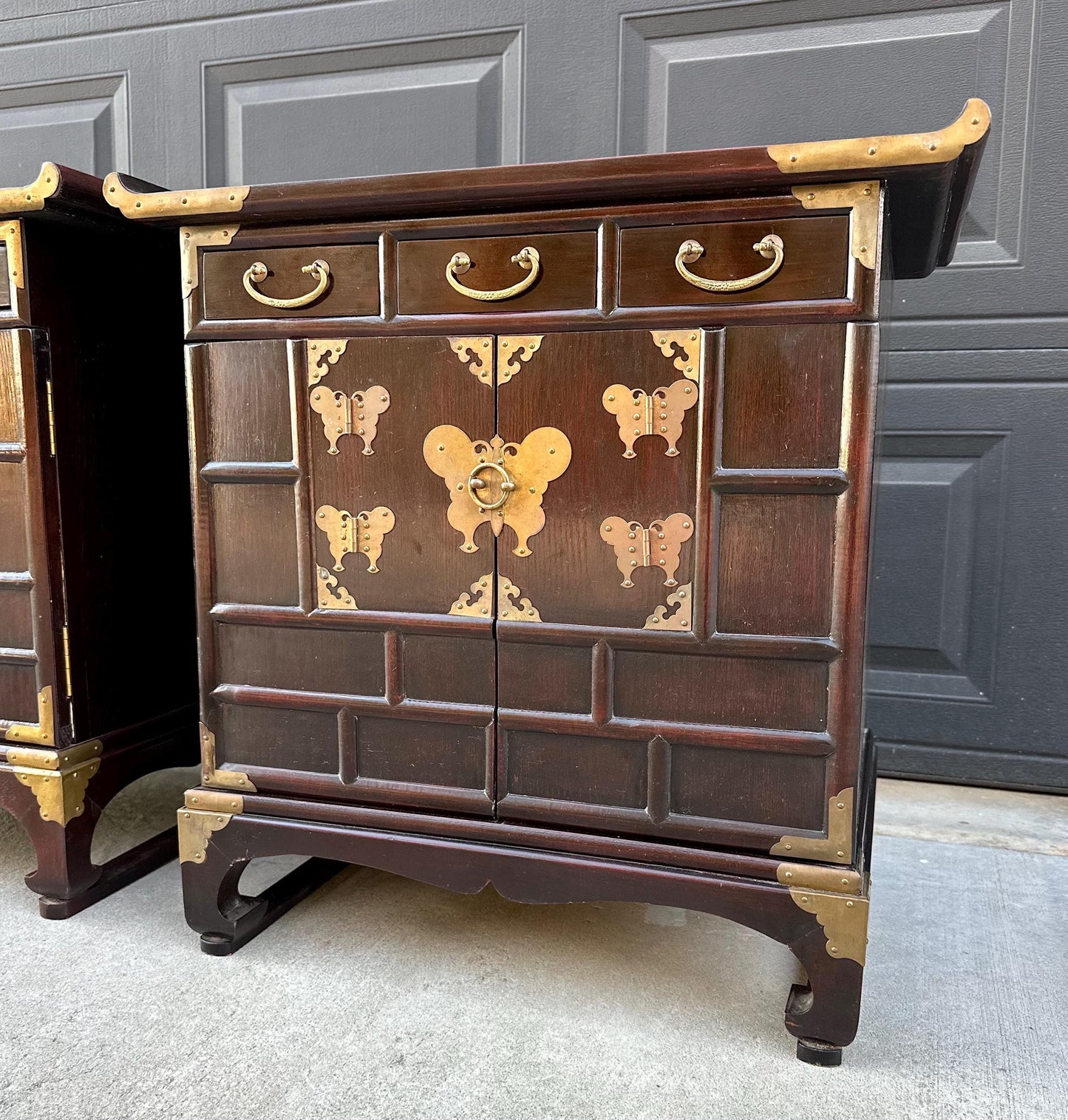 Vintage Mid 1900's Solid Wood & Brass Oriental Chest Side Cabinet Table Set - a Pair