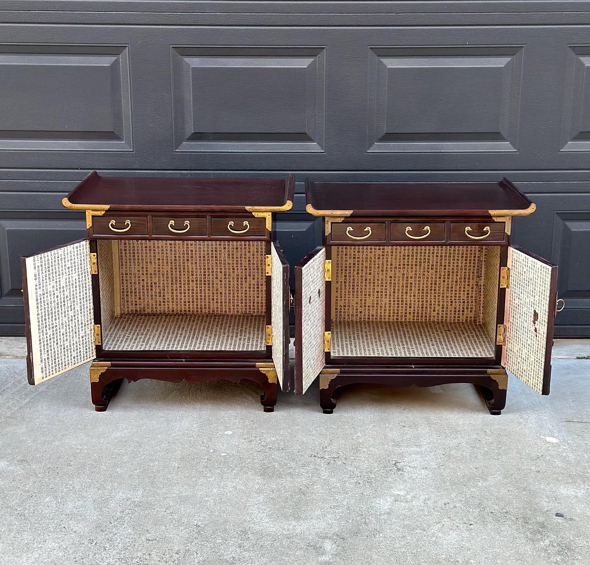 Vintage Mid 1900's Solid Wood & Brass Oriental Chest Side Cabinet Table Set - a Pair