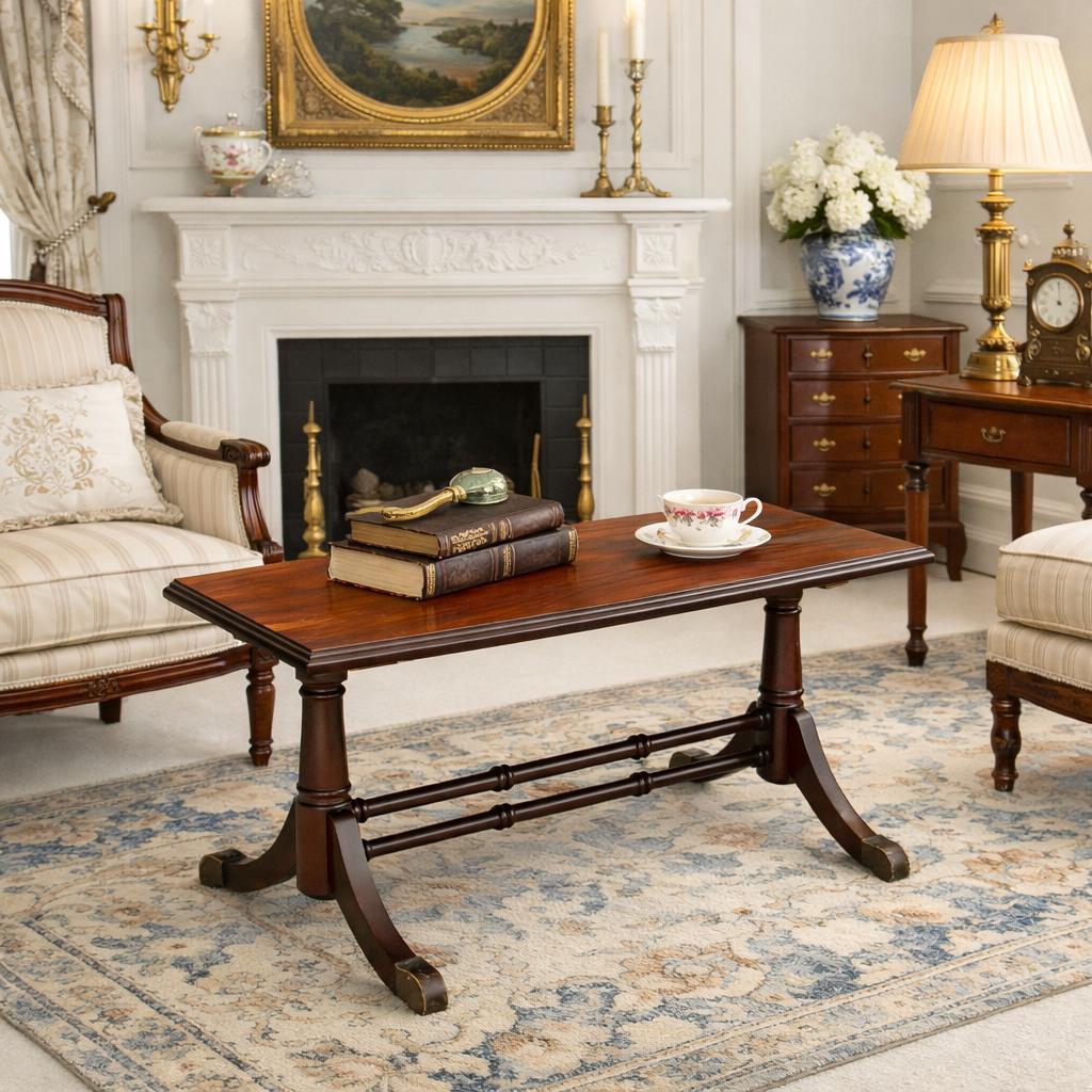 Antique Early 1900's Sheraton Solid Wood Round Stretcher Base Mahogany Coffee Table