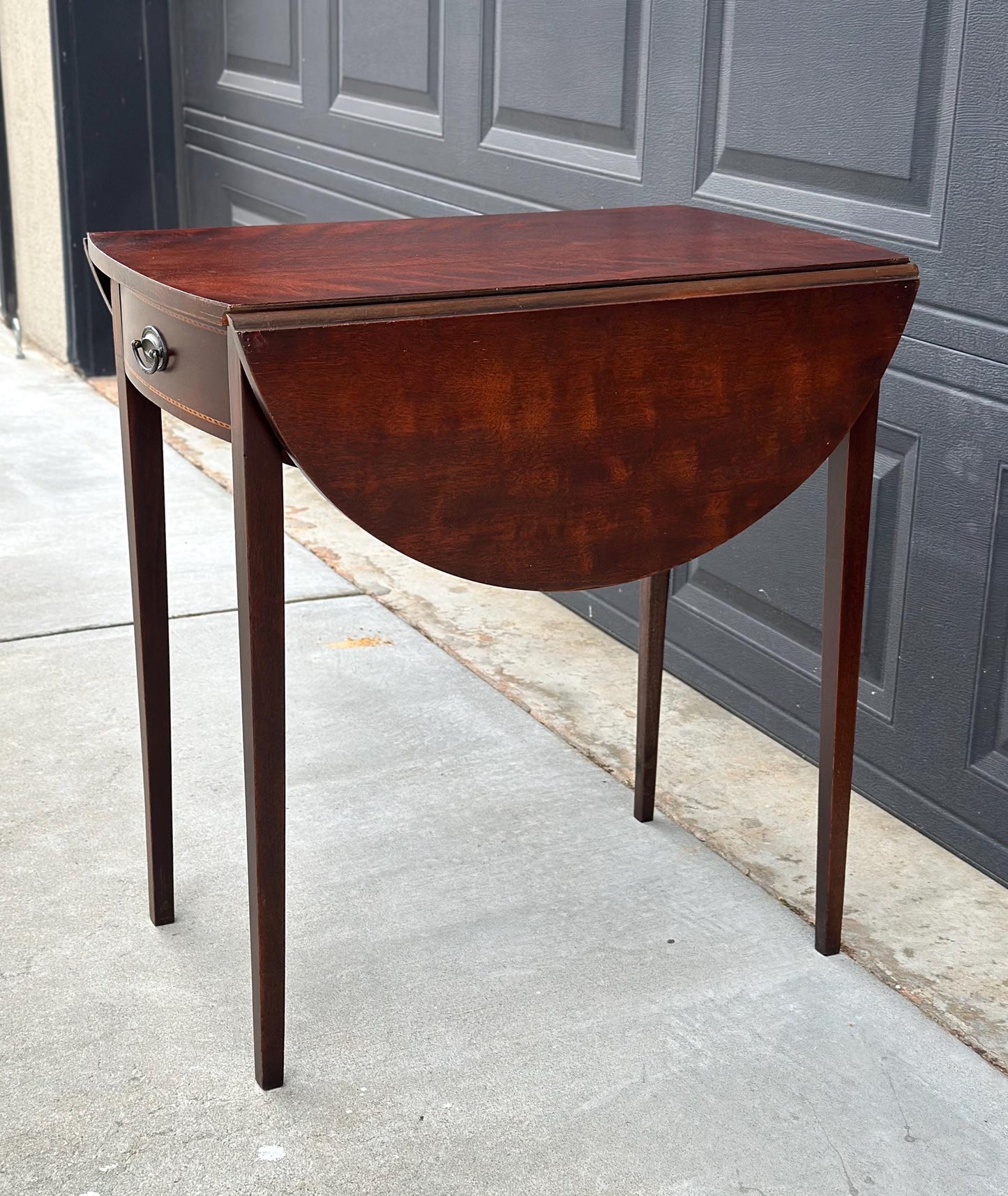 Antique Early 1900's Inlaid Mahogany Wood Single Drawer Drop Leaf Extending Accent Table