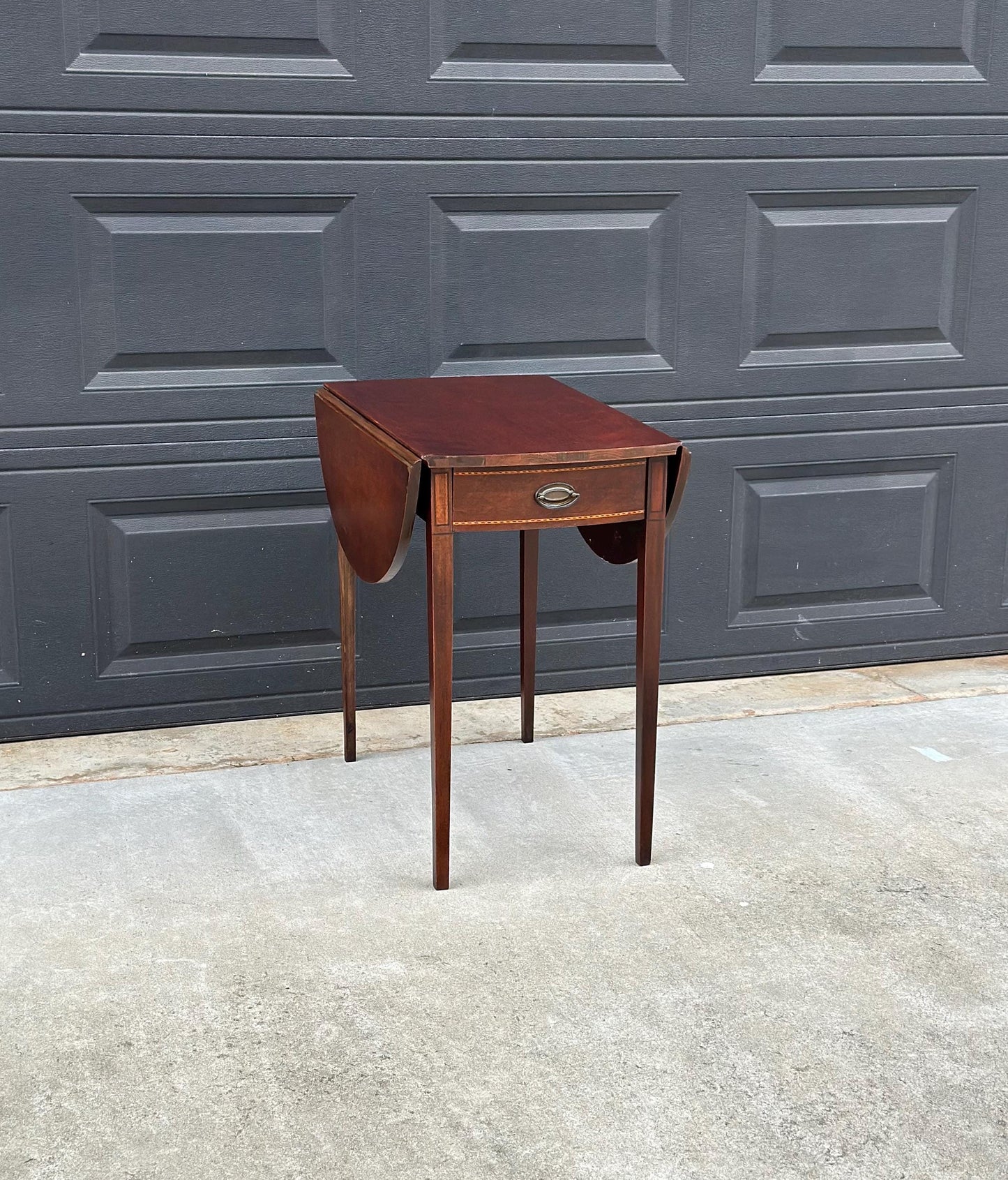 Antique Early 1900's Inlaid Mahogany Wood Single Drawer Drop Leaf Extending Accent Table