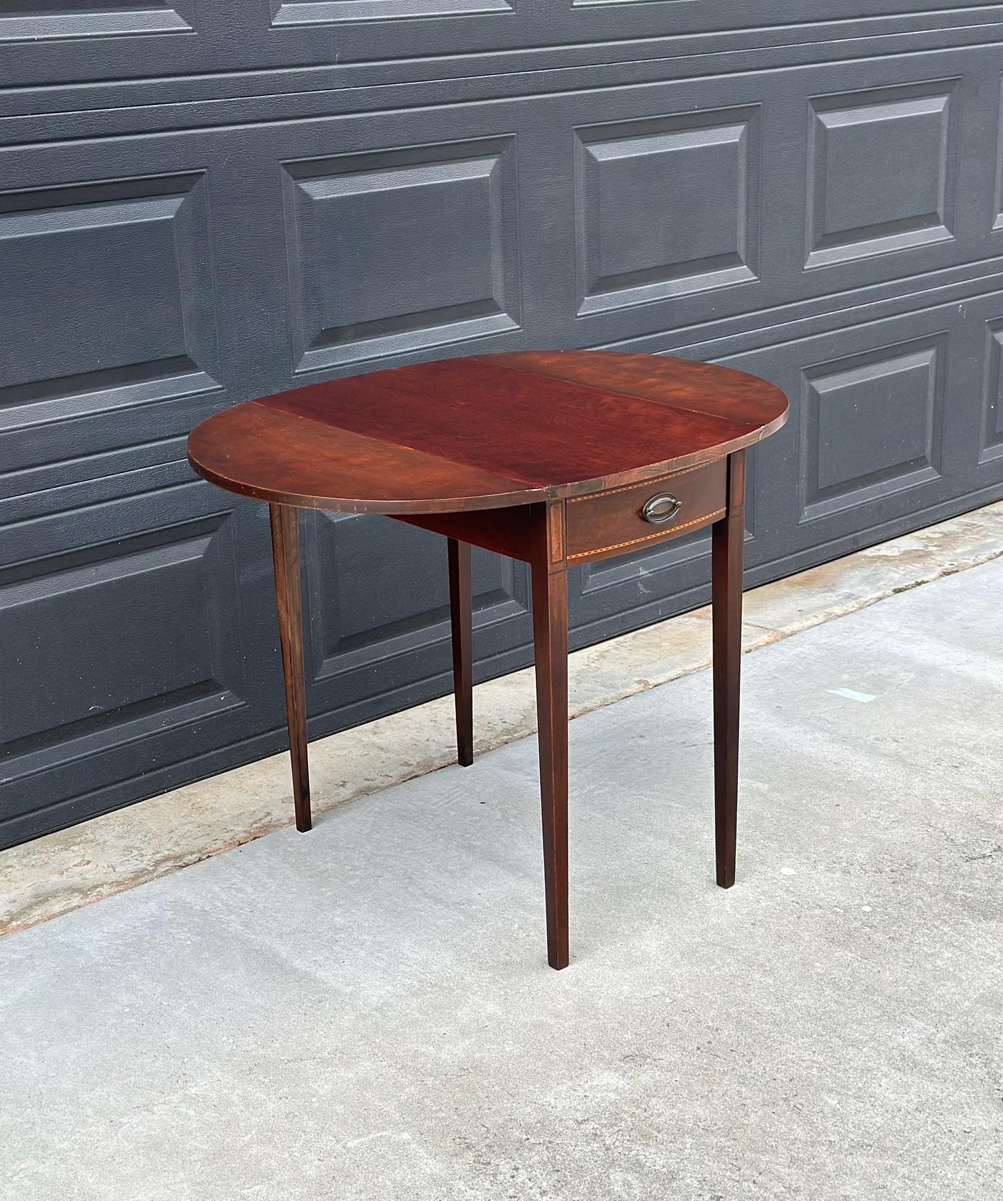 Antique Early 1900's Inlaid Mahogany Wood Single Drawer Drop Leaf Extending Accent Table