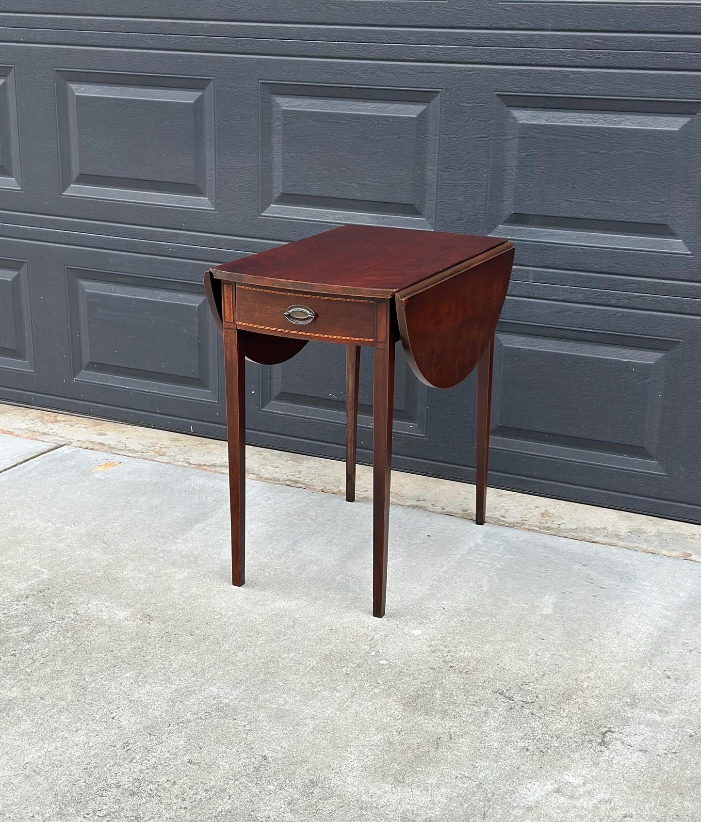 Antique Early 1900's Inlaid Mahogany Wood Single Drawer Drop Leaf Extending Accent Table