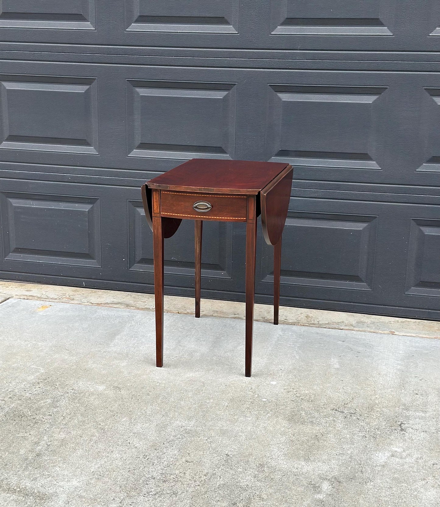 Antique Early 1900's Inlaid Mahogany Wood Single Drawer Drop Leaf Extending Accent Table