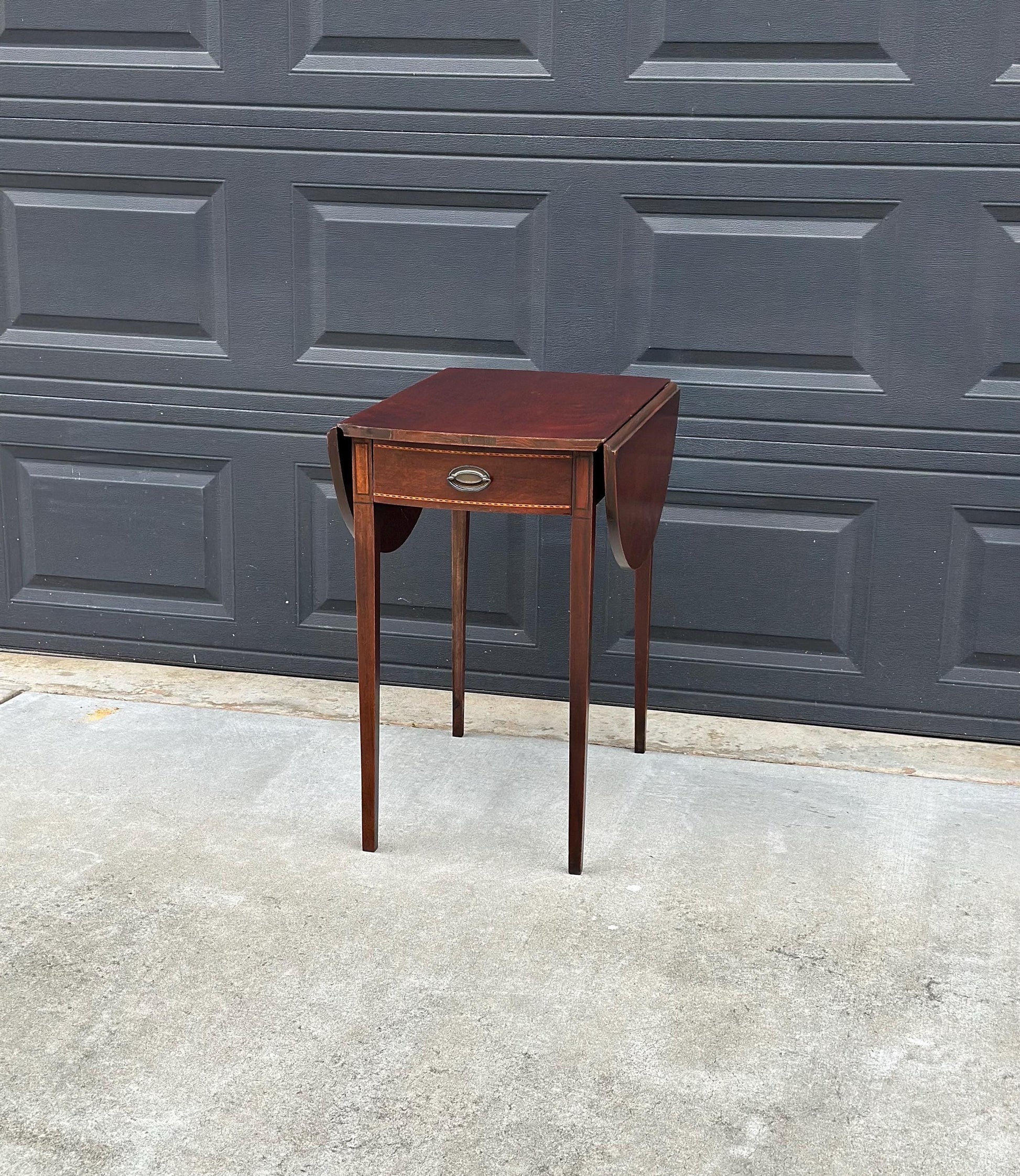 Antique Early 1900's Inlaid Mahogany Wood Single Drawer Drop Leaf Extending Accent Table
