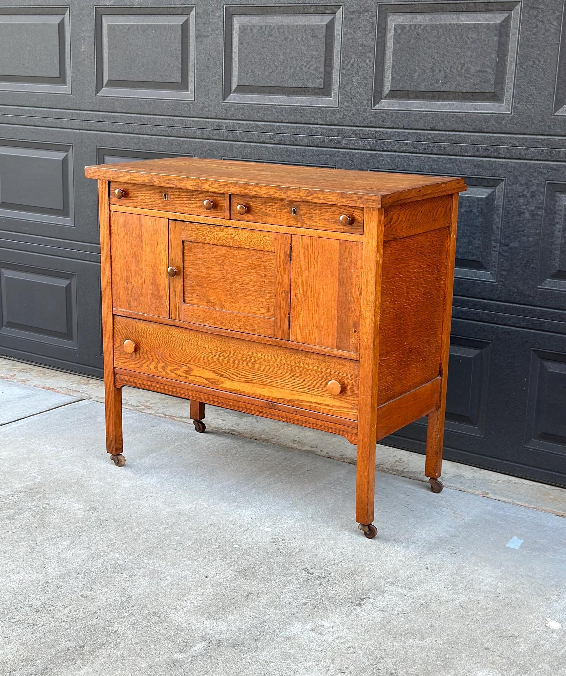 Antique Early 1900's Solid Oak Large Edwardian Chest & Cabinet on Casters