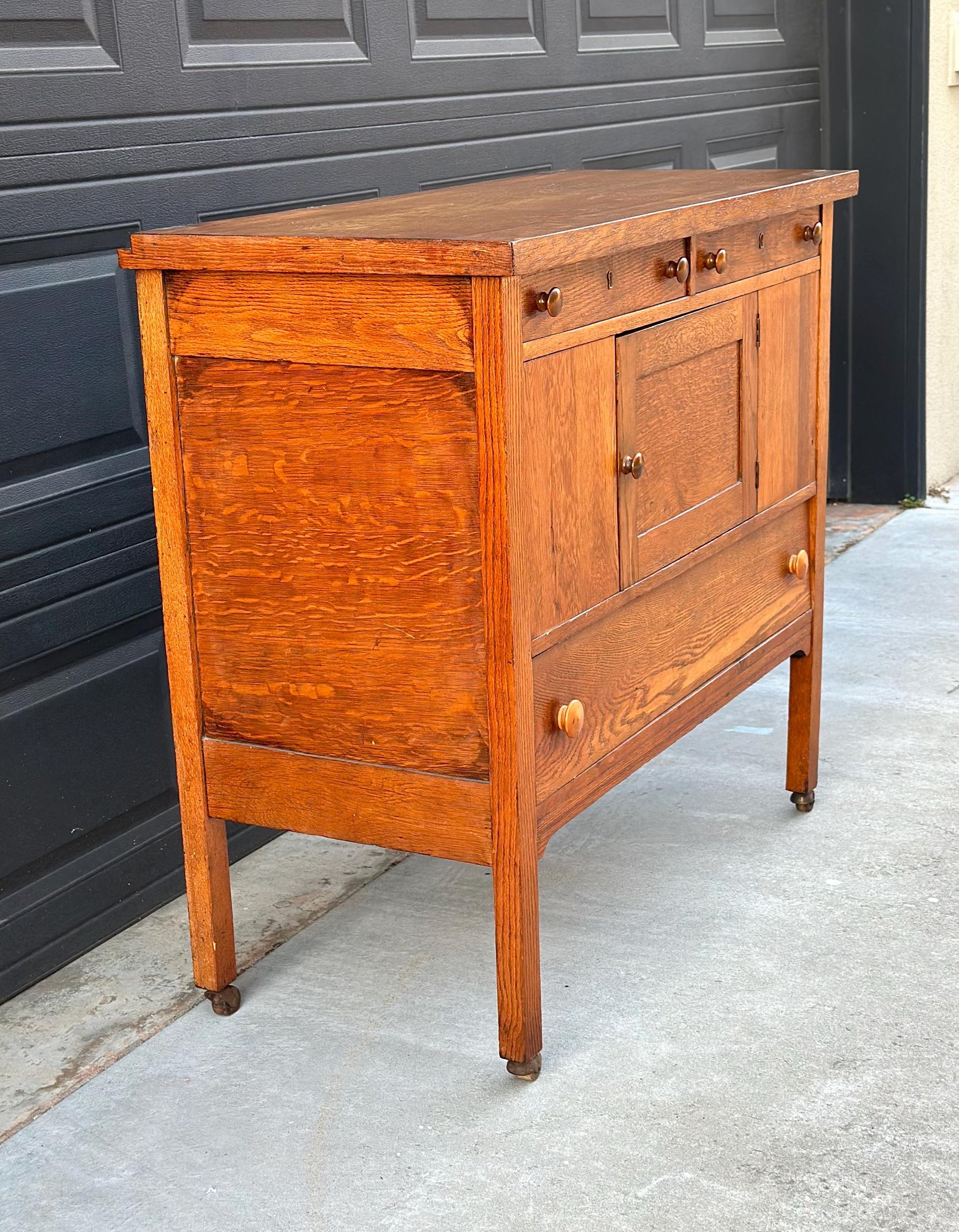 Antique Early 1900's Solid Oak Large Edwardian Chest & Cabinet on Casters