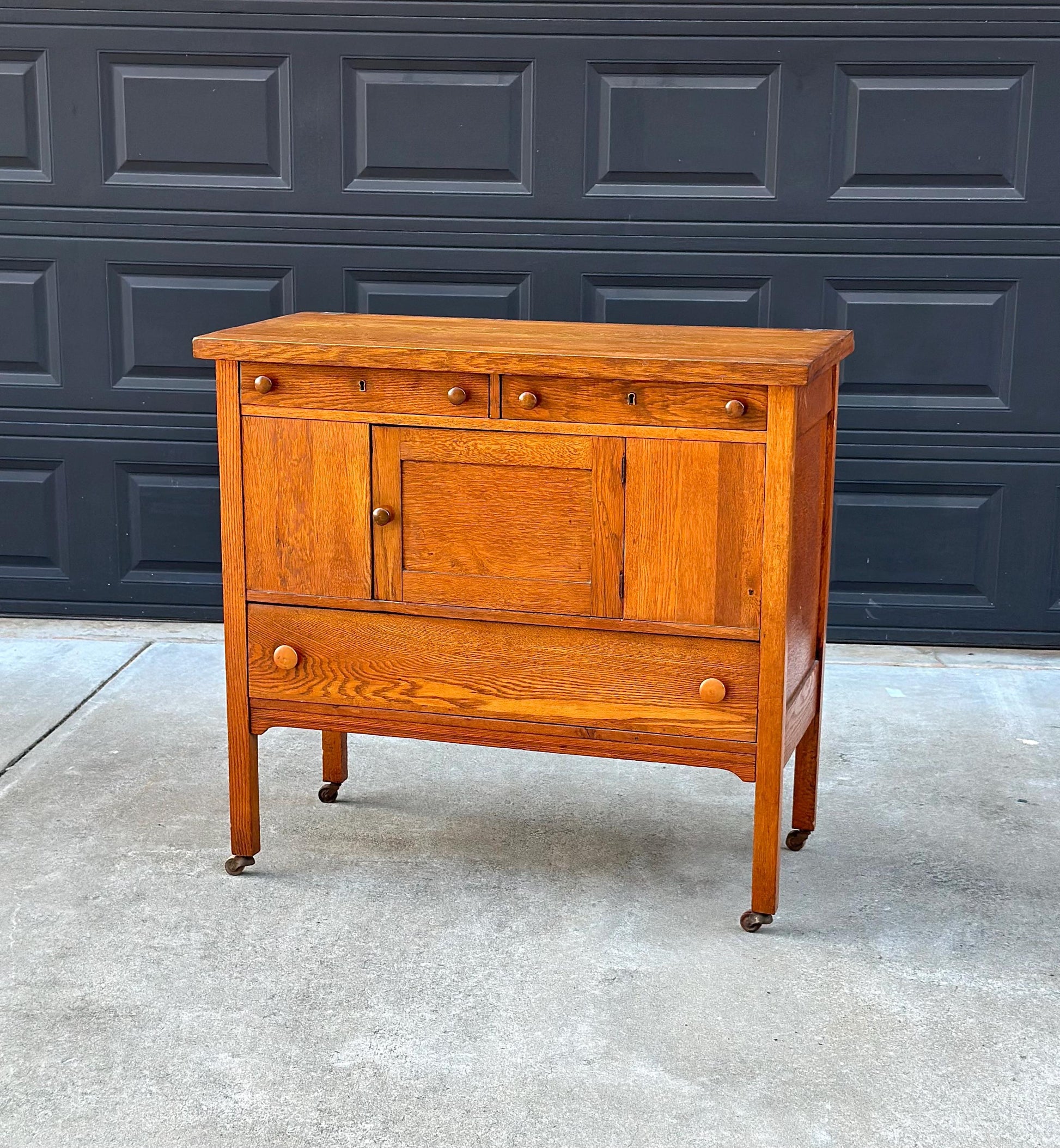 Antique Early 1900's Solid Oak Large Edwardian Chest & Cabinet on Casters