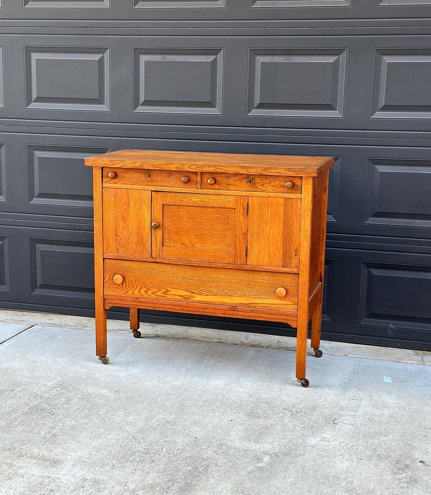Antique Early 1900's Solid Oak Large Edwardian Chest & Cabinet on Casters