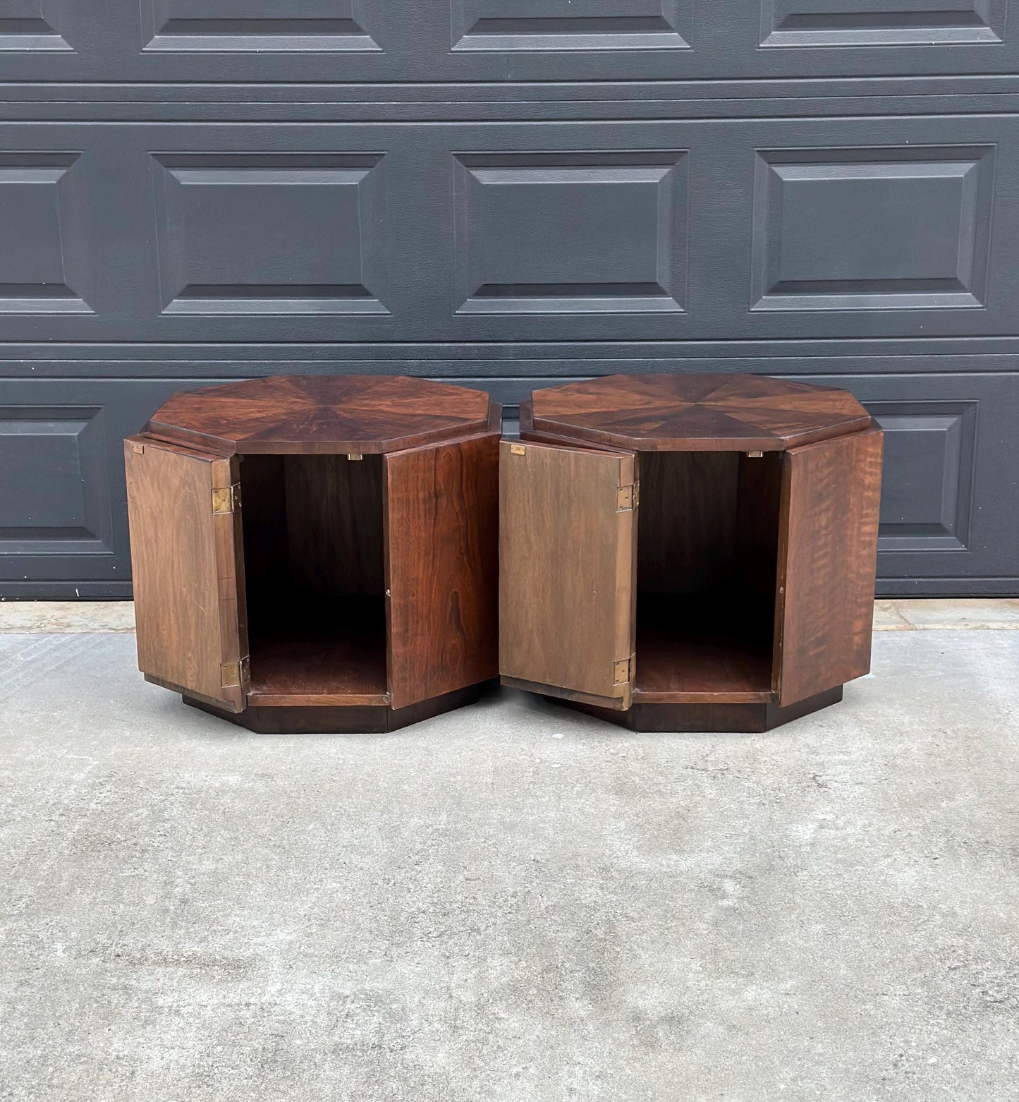 Vintage Mid 1900's Mid Mod Geometric Walnut Wood Side Tables – Pair of MCM Nightstands