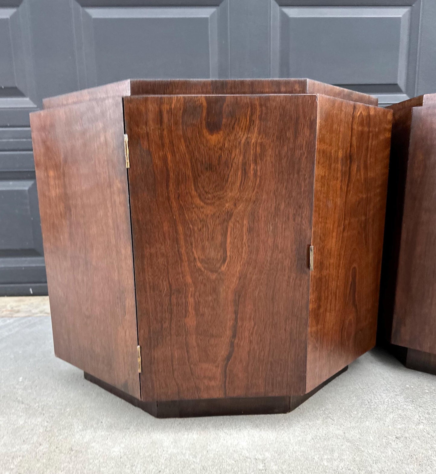Vintage Mid 1900's Mid Mod Geometric Walnut Wood Side Tables – Pair of MCM Nightstands