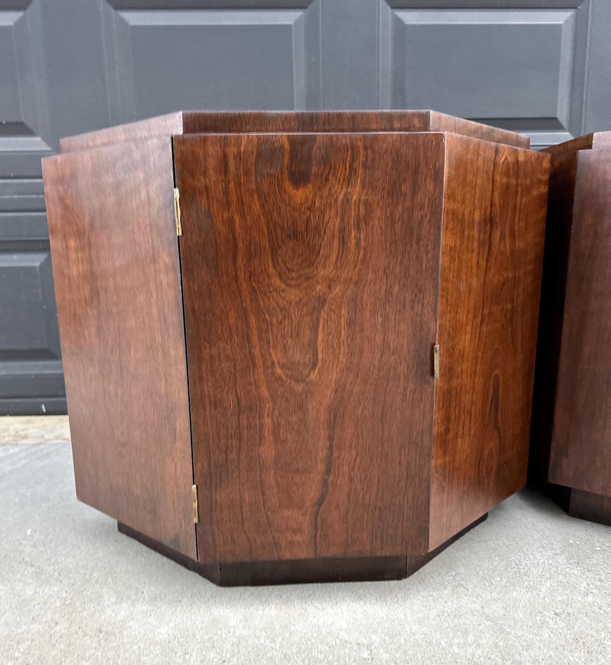 Vintage Mid 1900's Mid Mod Geometric Walnut Wood Side Tables – Pair of MCM Nightstands