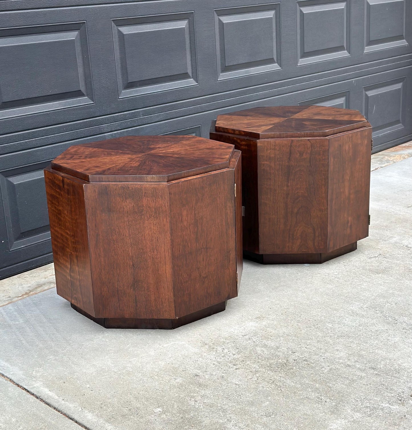 Vintage Mid 1900's Mid Mod Geometric Walnut Wood Side Tables – Pair of MCM Nightstands