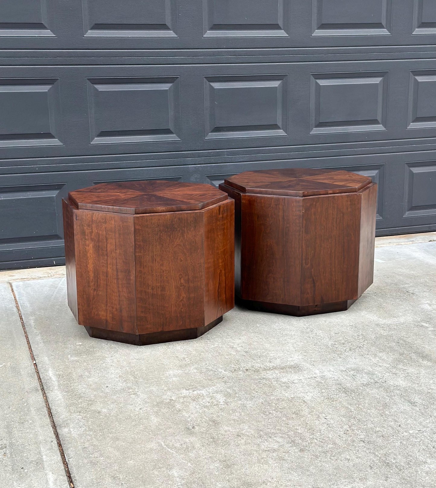 Vintage Mid 1900's Mid Mod Geometric Walnut Wood Side Tables – Pair of MCM Nightstands