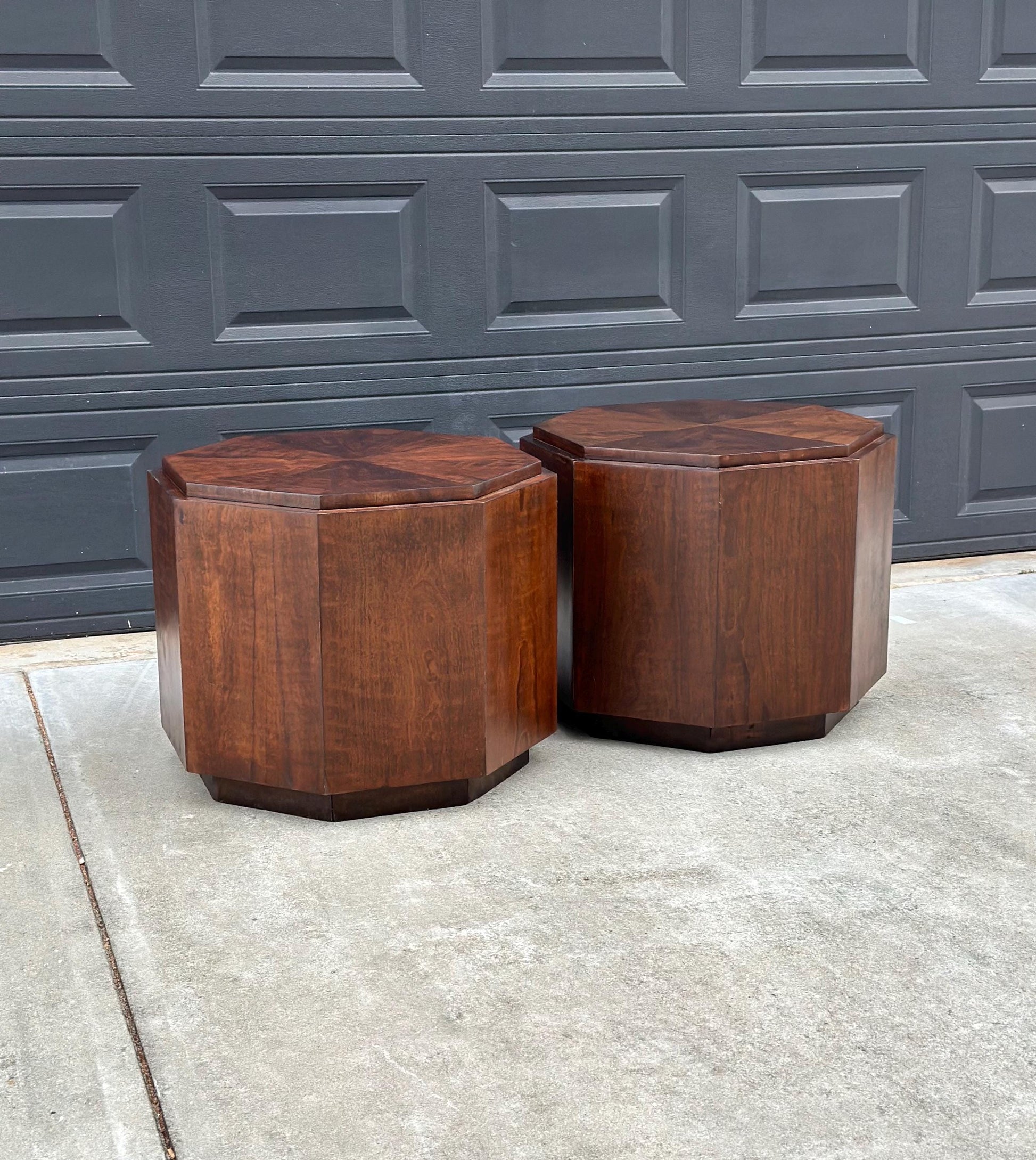 Vintage Mid 1900's Mid Mod Geometric Walnut Wood Side Tables – Pair of MCM Nightstands