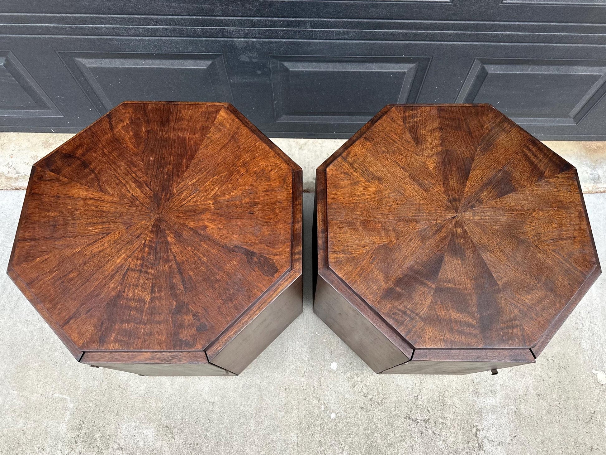 Vintage Mid 1900's Mid Mod Geometric Walnut Wood Side Tables – Pair of MCM Nightstands
