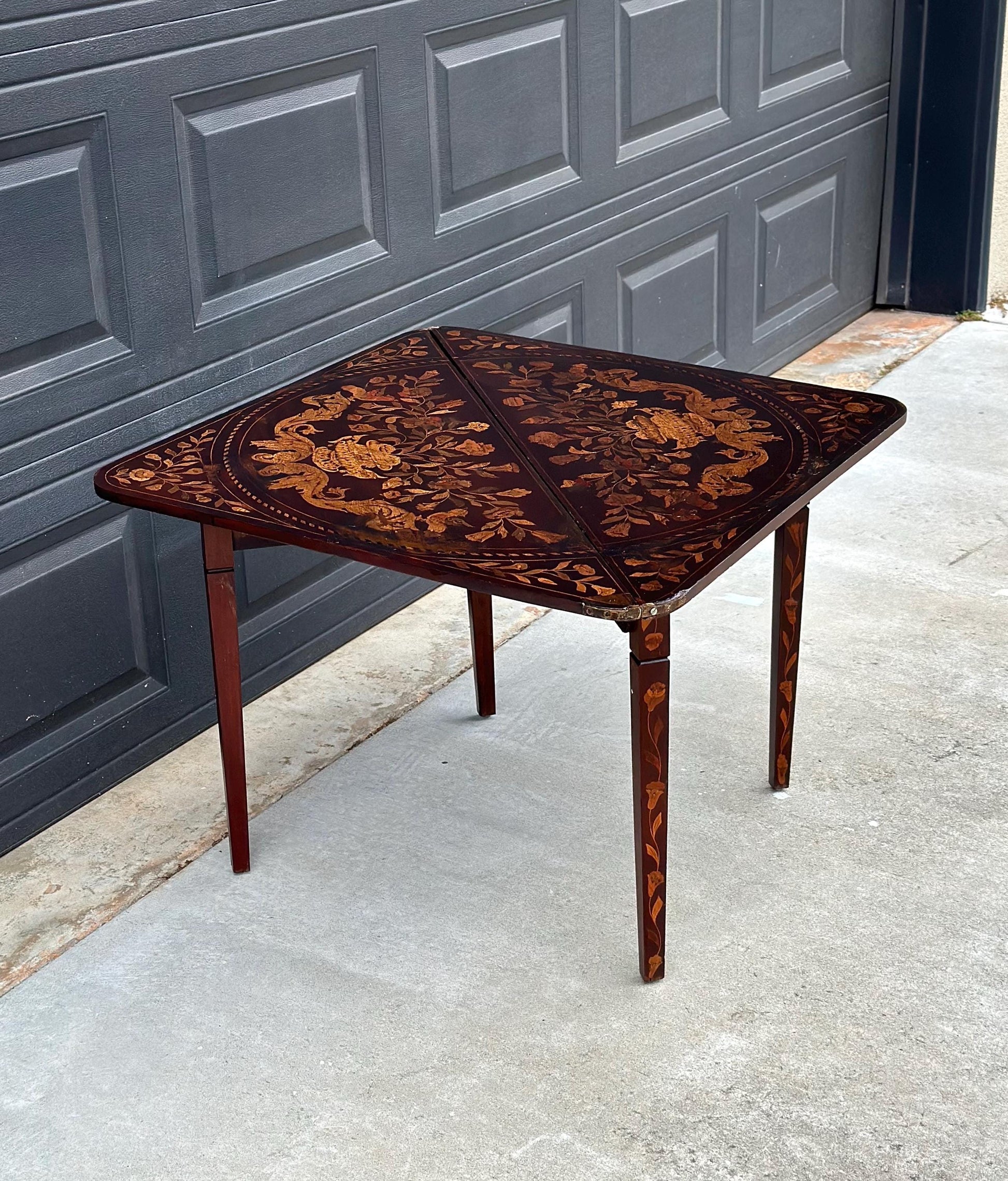 Antique 1820's Art Nouveau Inlaid Mahogany Wood Foldable Corner & Tea Table