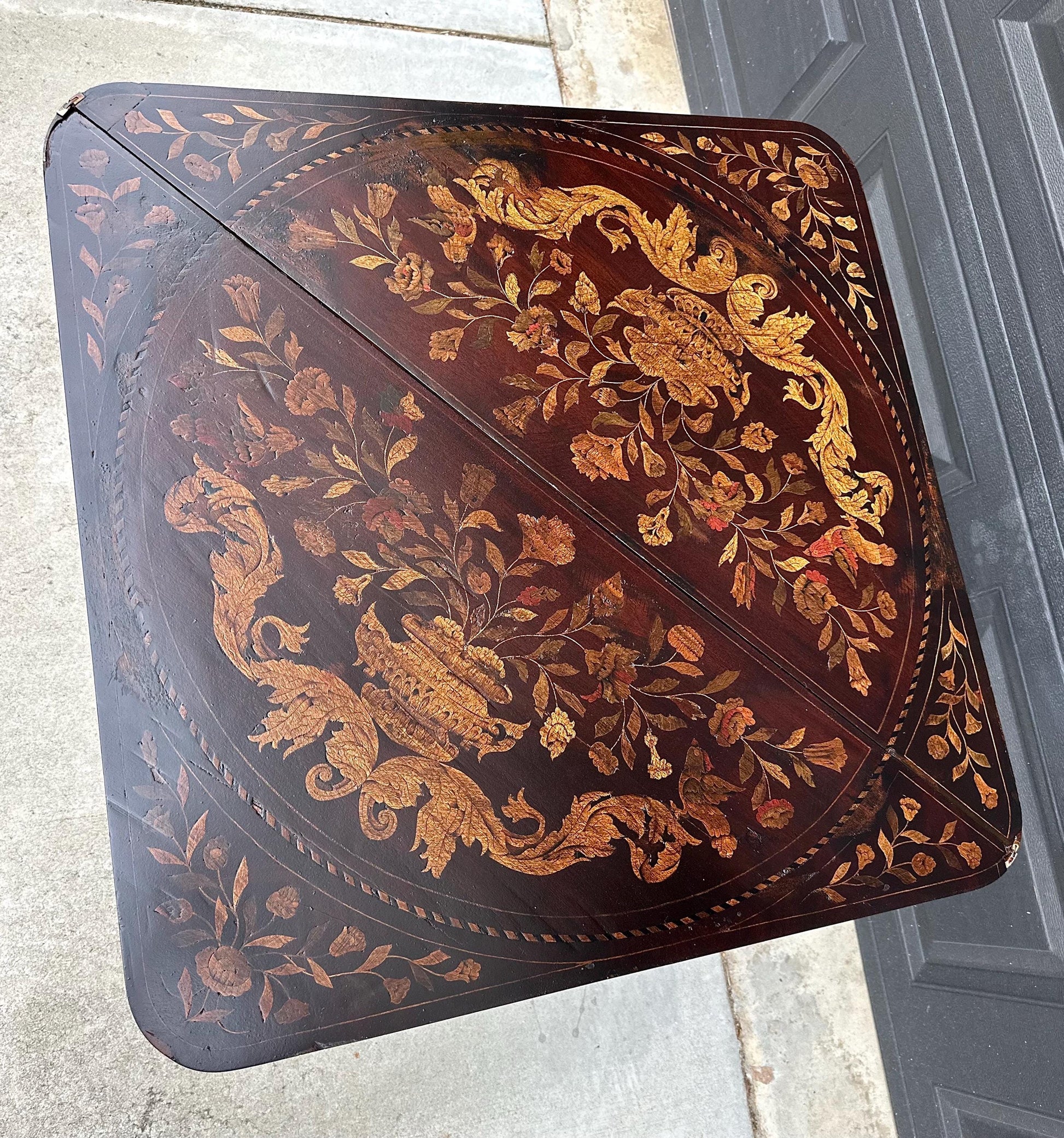 Antique 1820's Art Nouveau Inlaid Mahogany Wood Foldable Corner & Tea Table