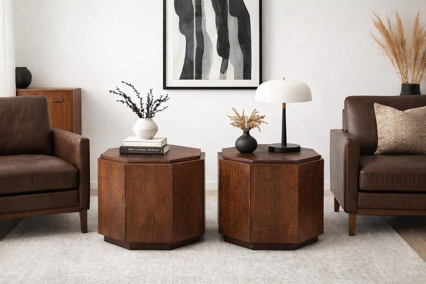 Vintage Mid 1900's Mid Mod Geometric Walnut Wood Side Tables – Pair of MCM Nightstands