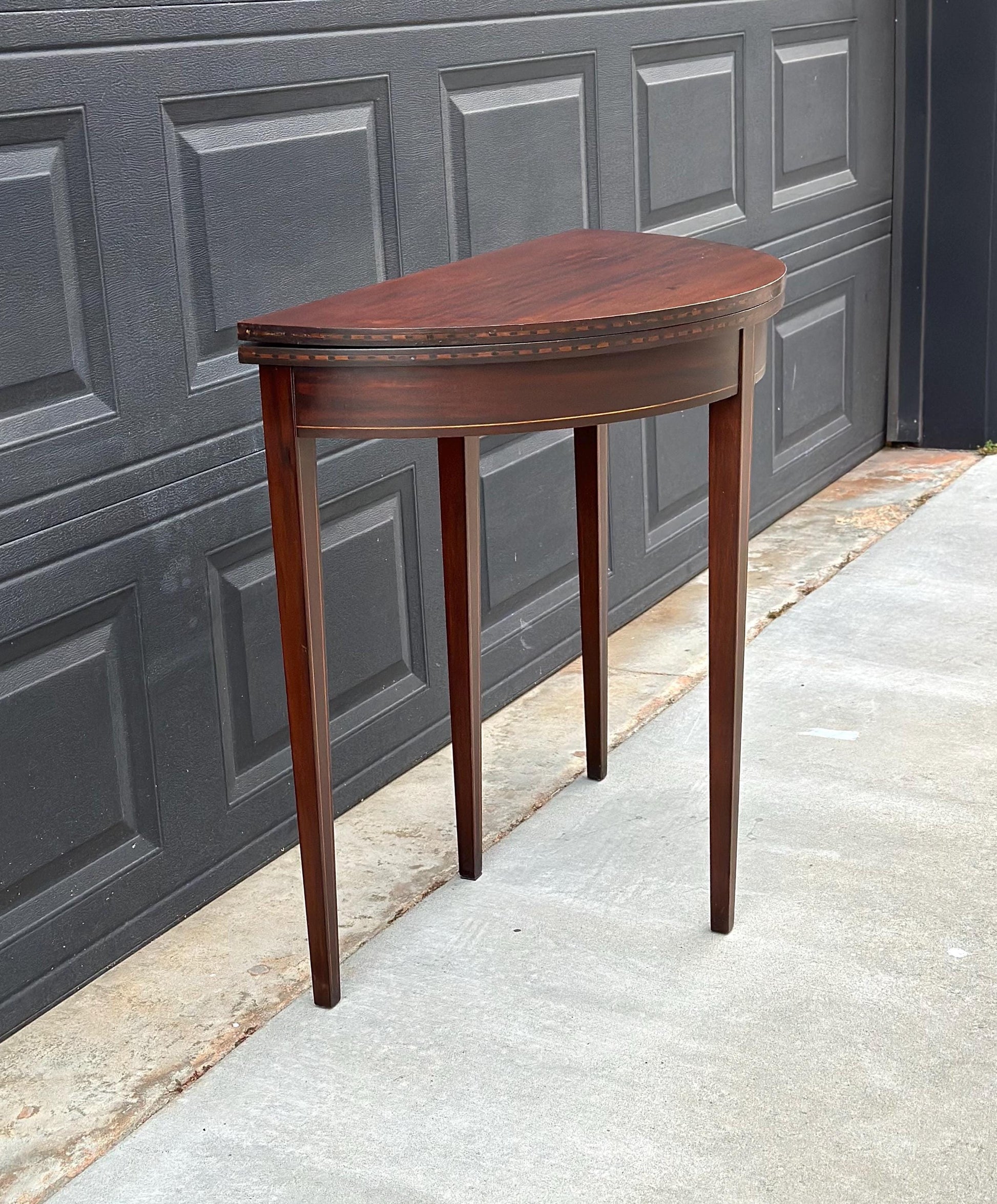 Antique Early 1900's Inlaid Mahogany Wood Folding Half Round Flip Top Card Table - Sheraton Traditional Hall Table