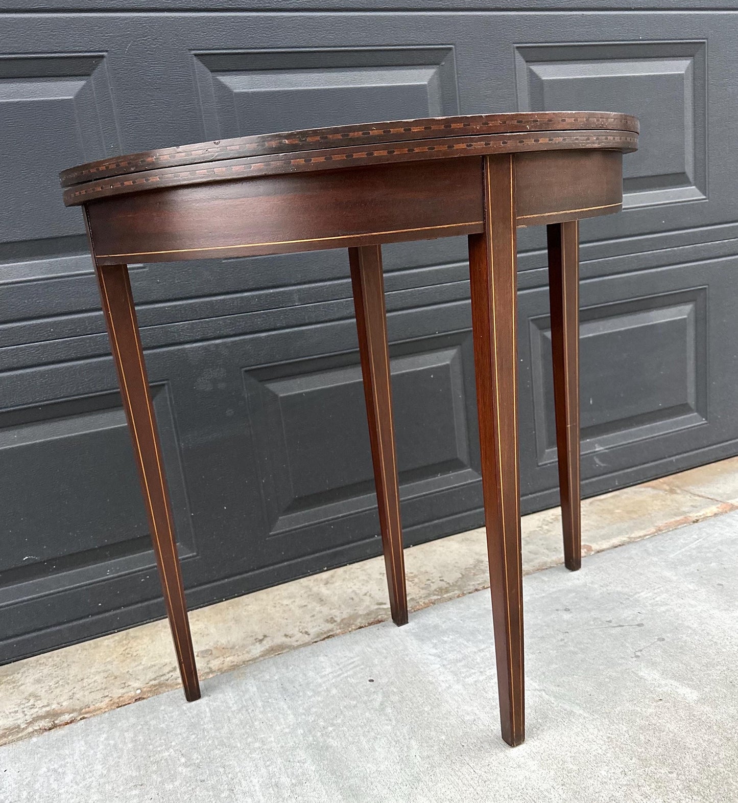 Antique Early 1900's Inlaid Mahogany Wood Folding Half Round Flip Top Card Table - Sheraton Traditional Hall Table