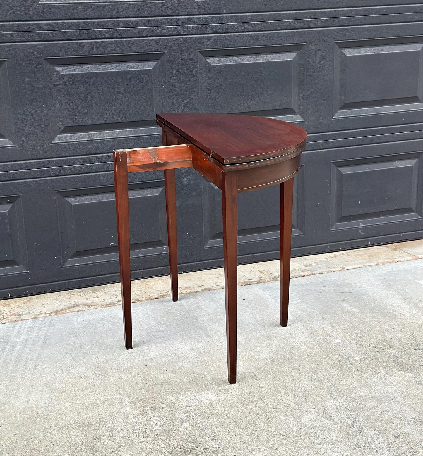Antique Early 1900's Inlaid Mahogany Wood Folding Half Round Flip Top Card Table - Sheraton Traditional Hall Table