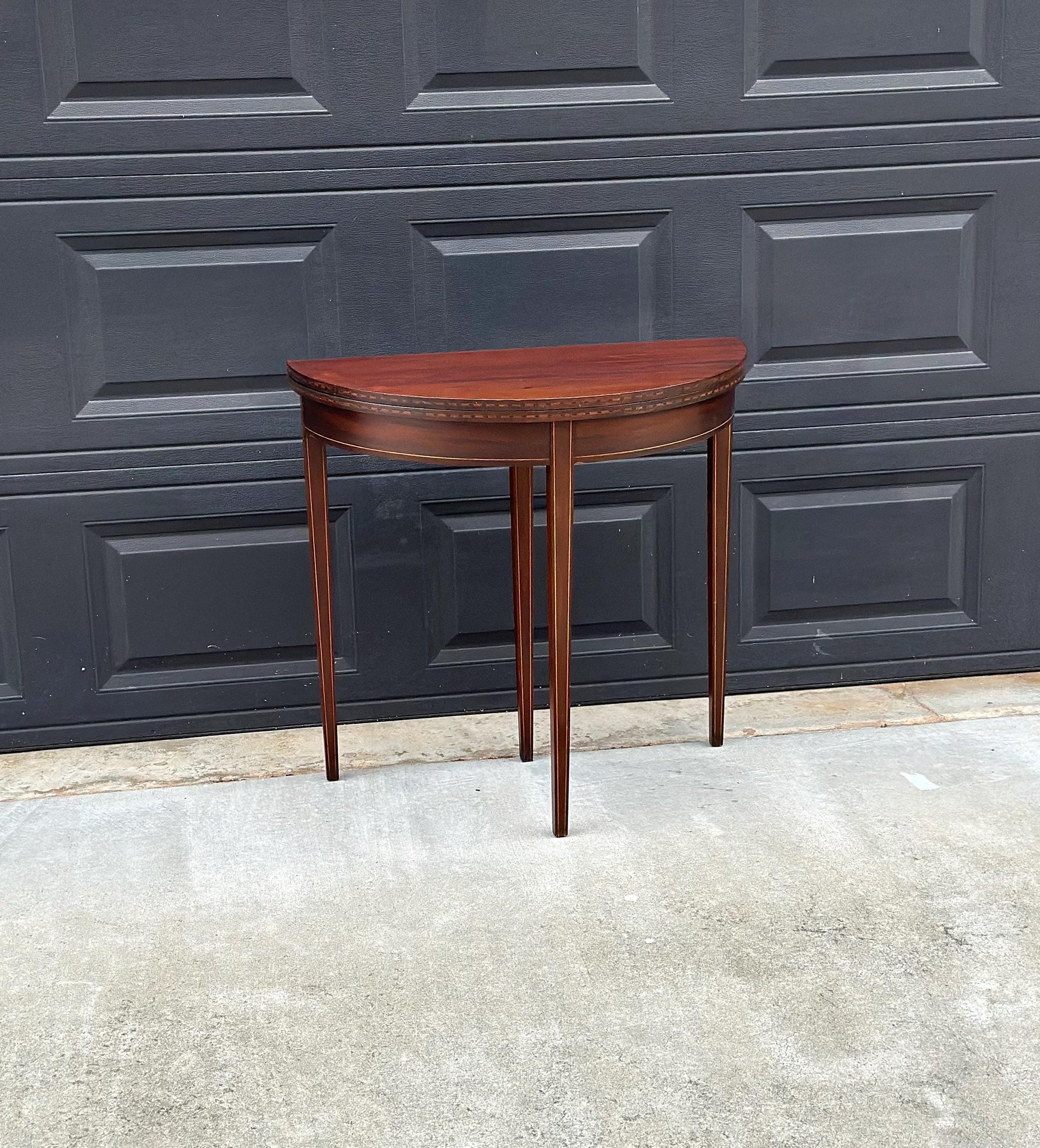 Antique Early 1900's Inlaid Mahogany Wood Folding Half Round Flip Top Card Table - Sheraton Traditional Hall Table