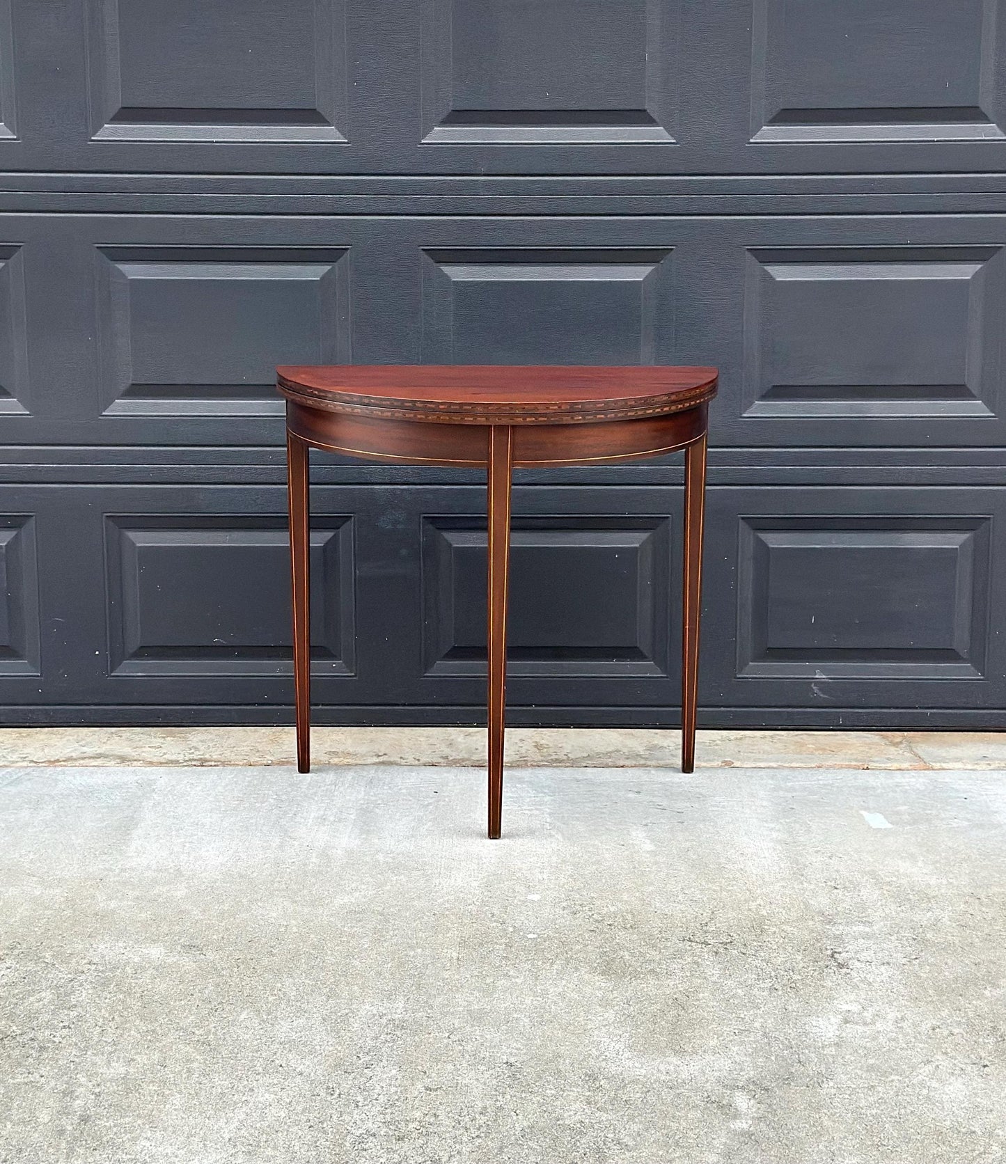 Antique Early 1900's Inlaid Mahogany Wood Folding Half Round Flip Top Card Table - Sheraton Traditional Hall Table