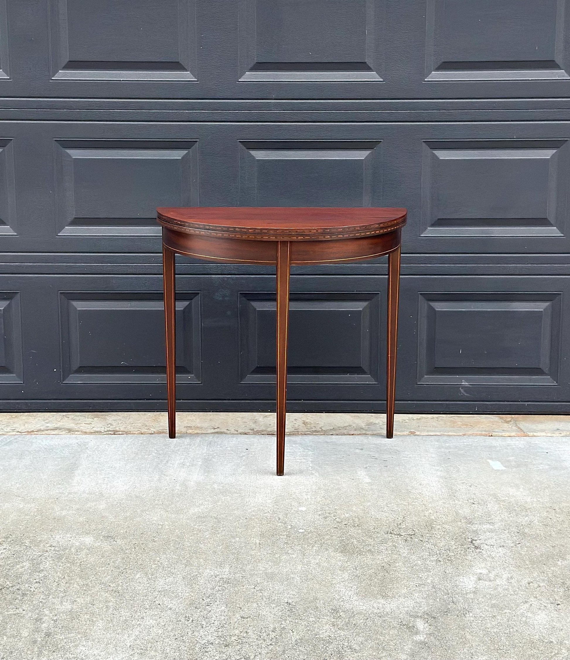 Antique Early 1900's Inlaid Mahogany Wood Folding Half Round Flip Top Card Table - Sheraton Traditional Hall Table