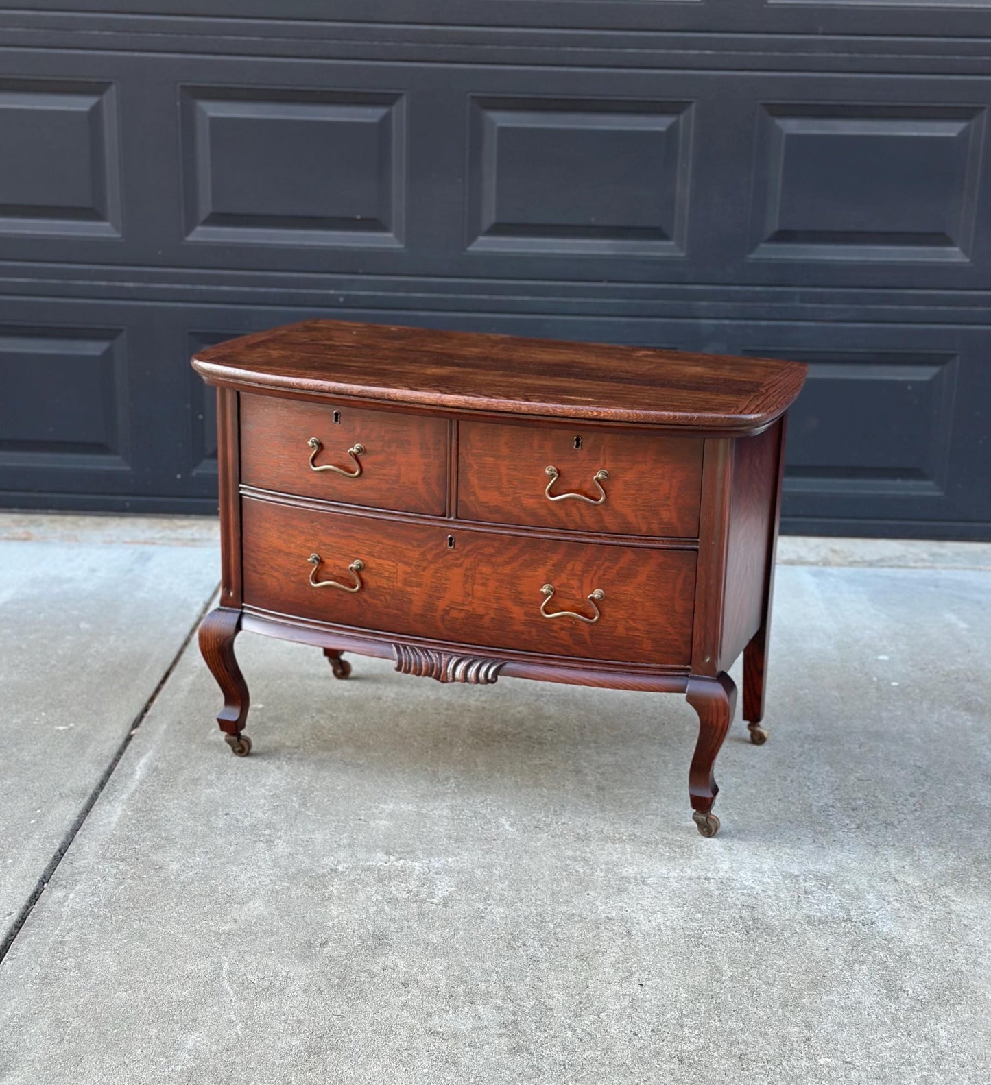 Antique Early 1900's Tiger Oak Georgian Solid Wood Low Bowfront Accent Table on Casters