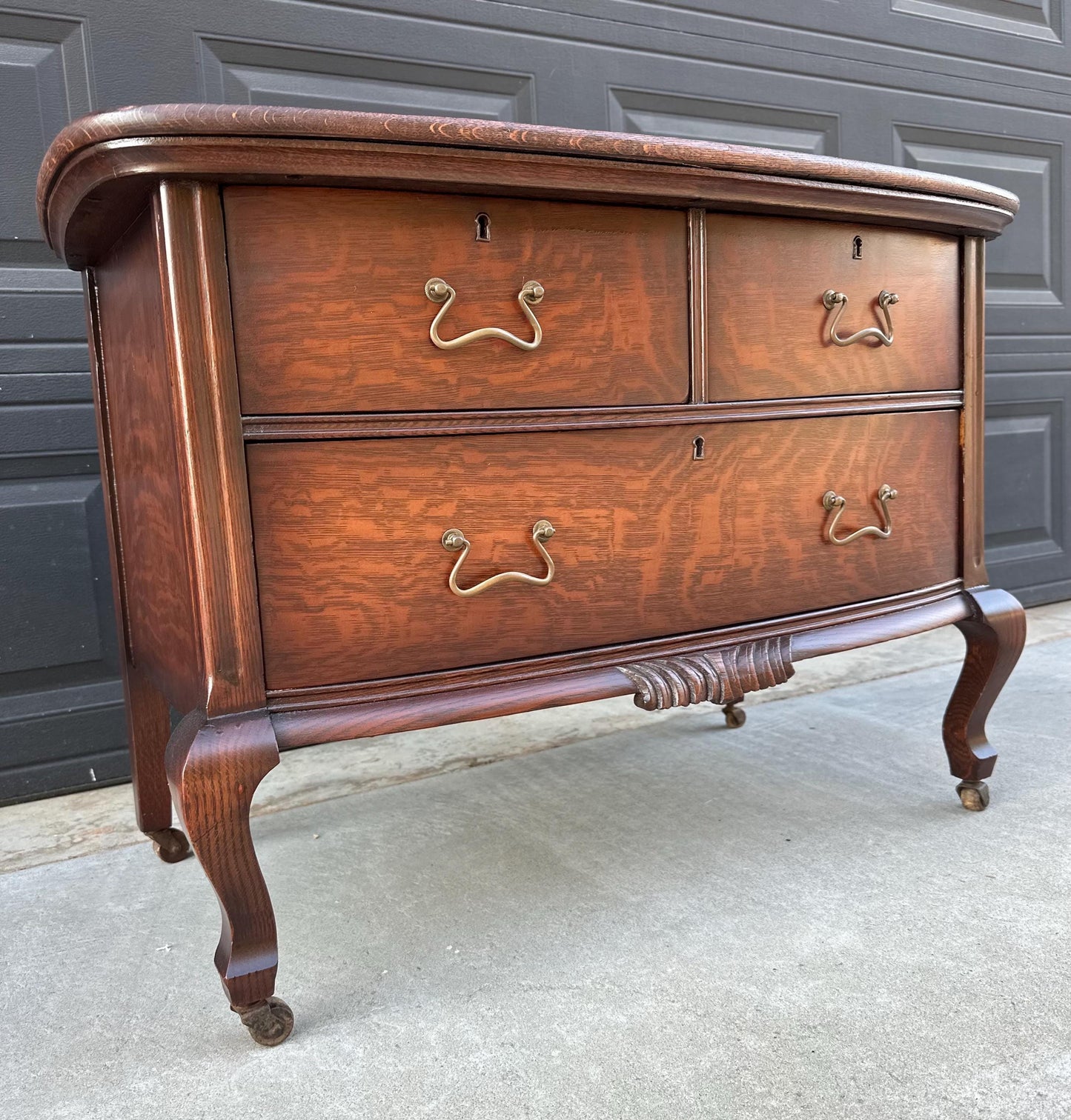 Antique Early 1900's Tiger Oak Georgian Solid Wood Low Bowfront Accent Table on Casters