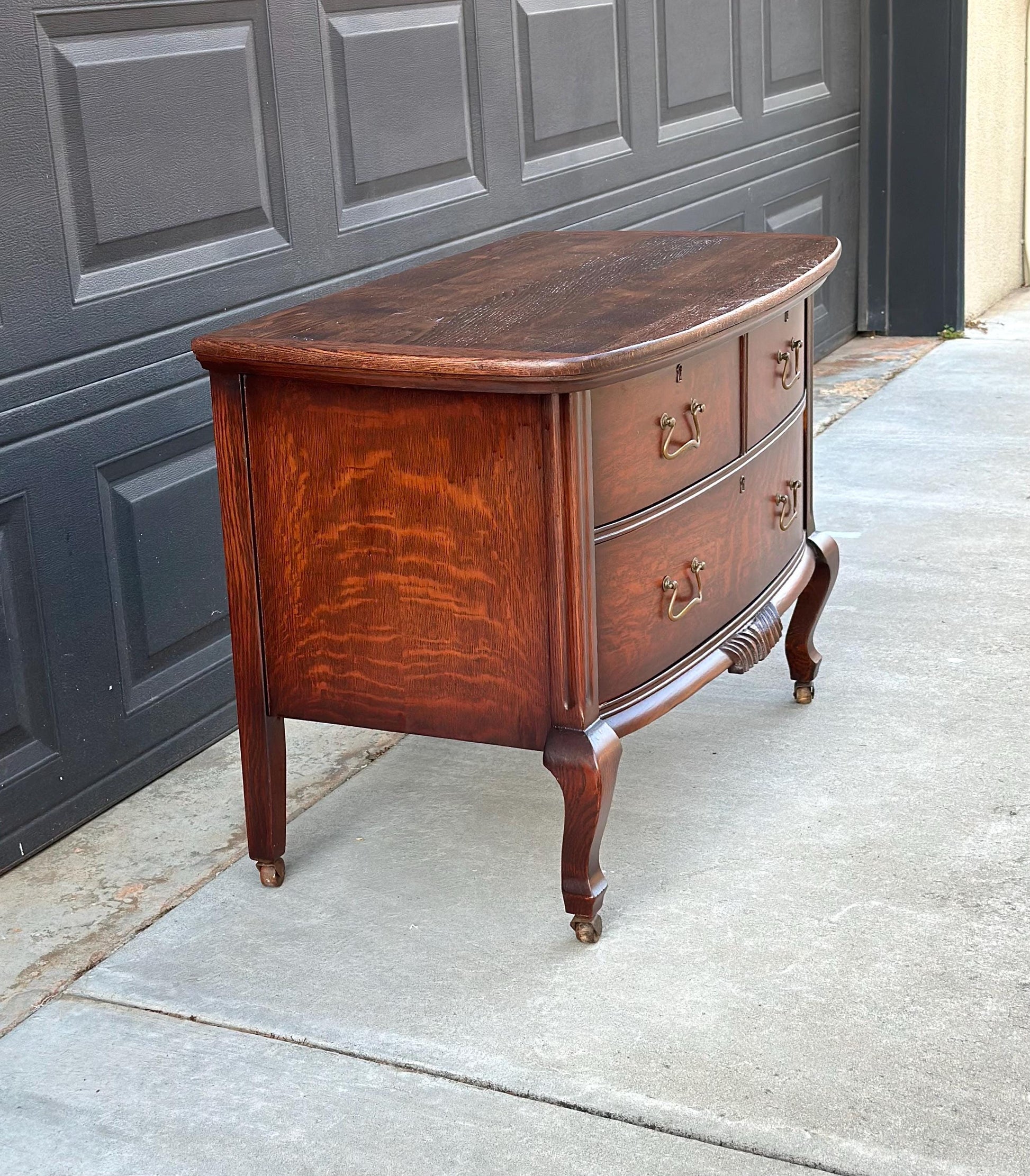 Antique Early 1900's Tiger Oak Georgian Solid Wood Low Bowfront Accent Table on Casters