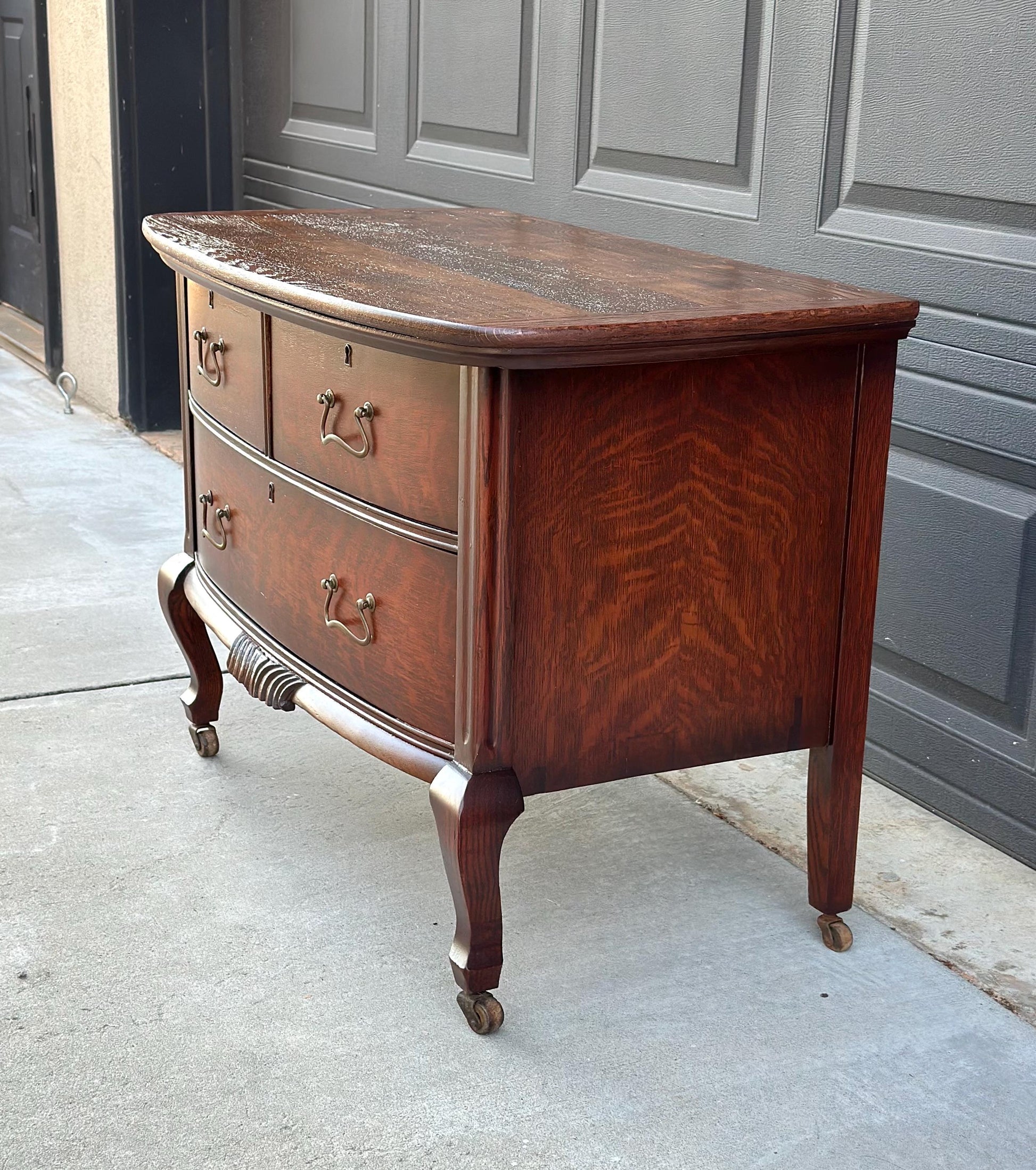 Antique Early 1900's Tiger Oak Georgian Solid Wood Low Bowfront Accent Table on Casters