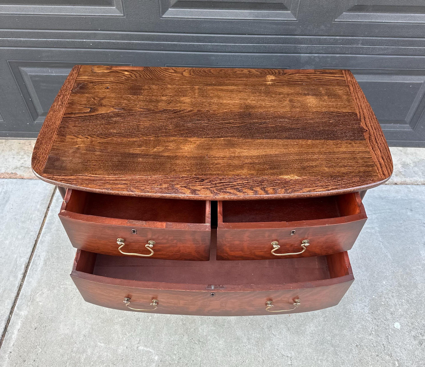 Antique Early 1900's Tiger Oak Georgian Solid Wood Low Bowfront Accent Table on Casters