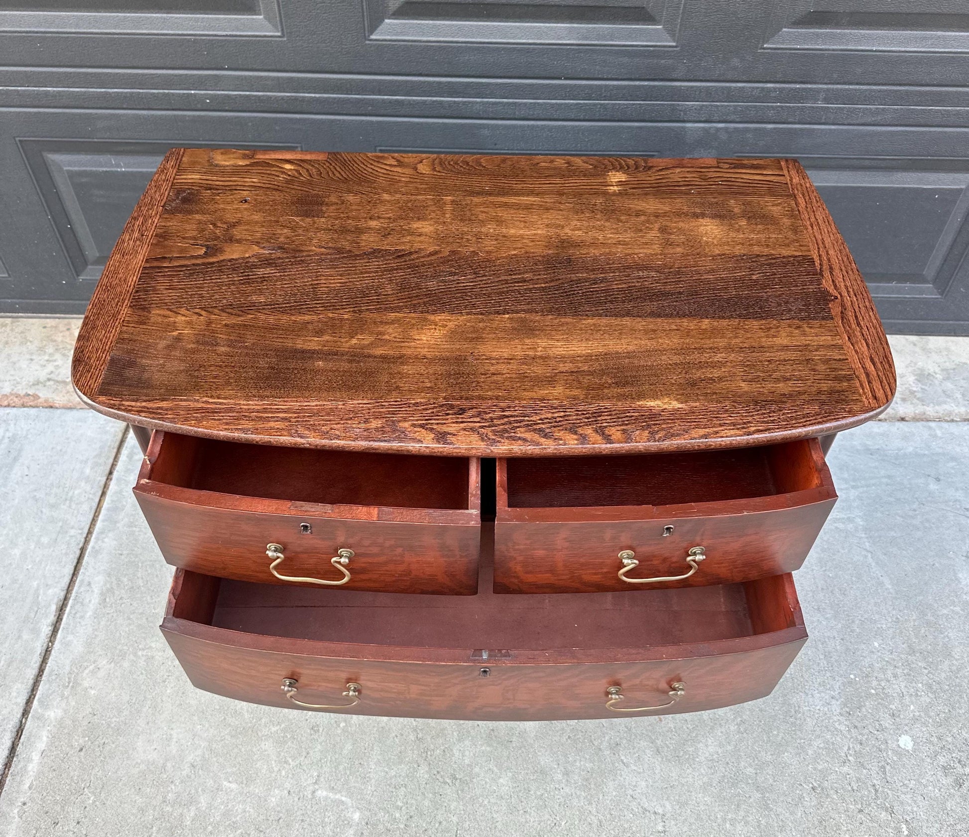 Antique Early 1900's Tiger Oak Georgian Solid Wood Low Bowfront Accent Table on Casters