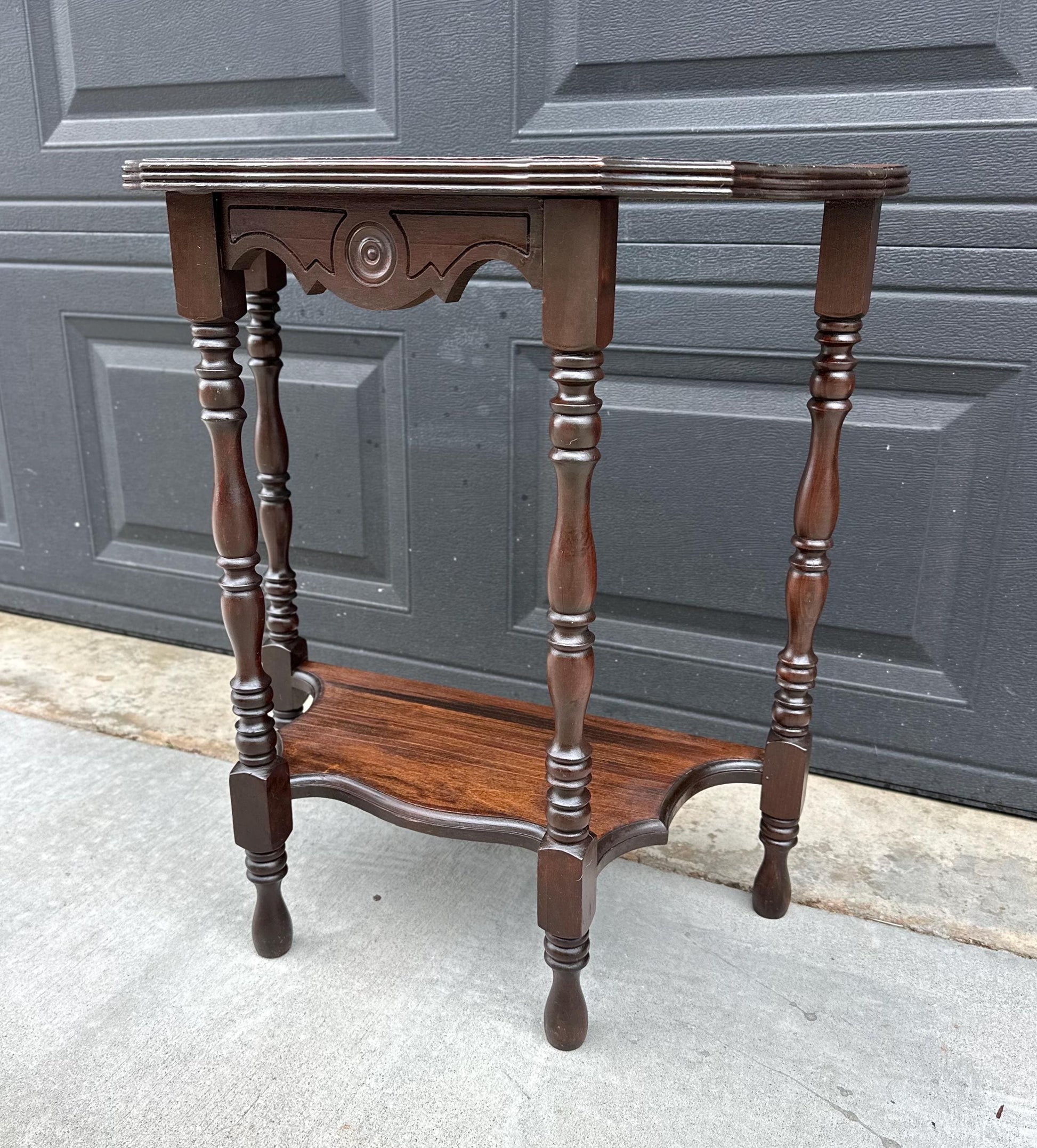 Antique Early 1900's Solid Wood Half Moon Spindle Leg Two Tier Cherry Wall Table