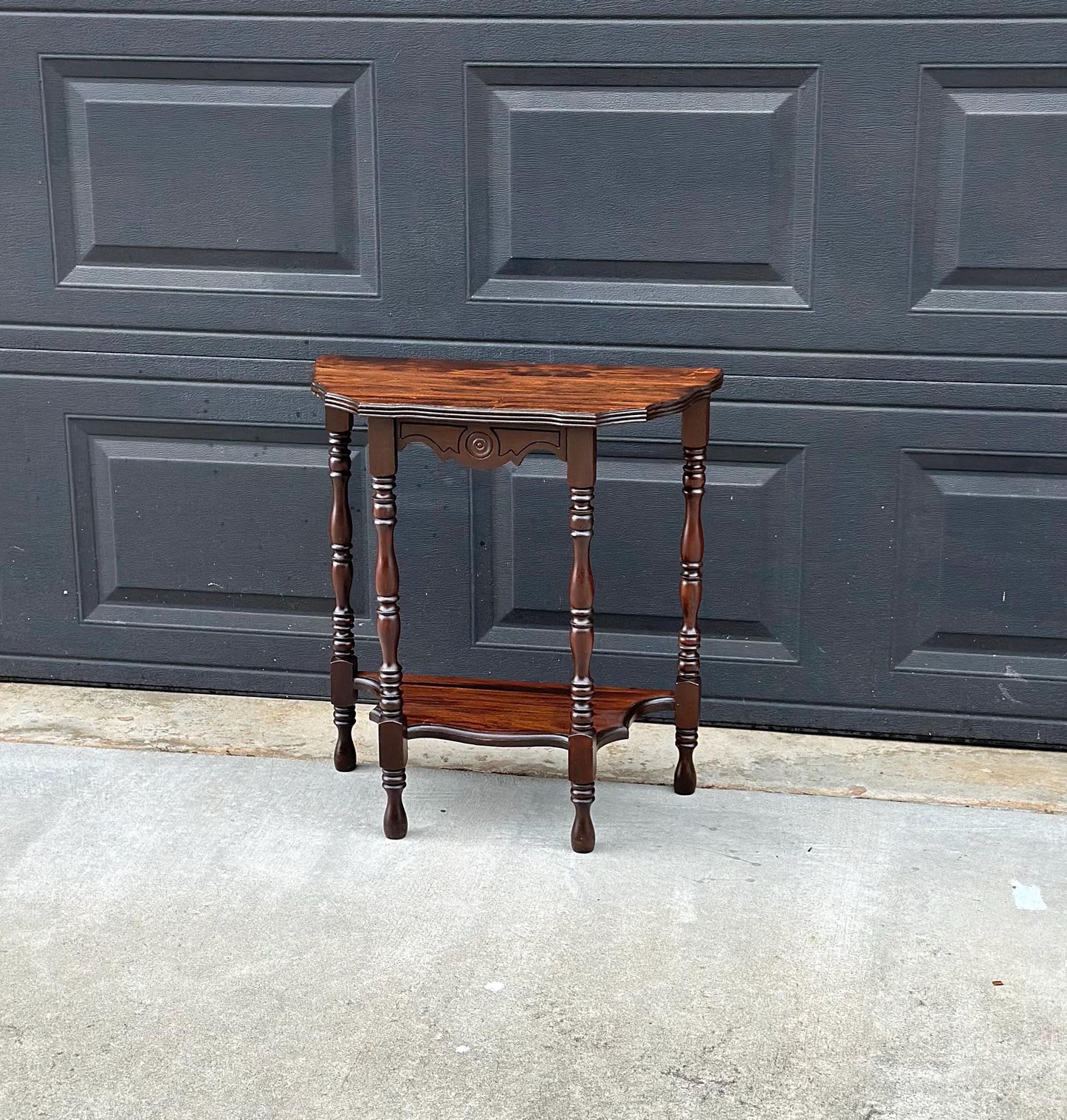 Antique Early 1900's Solid Wood Half Moon Spindle Leg Two Tier Cherry Wall Table