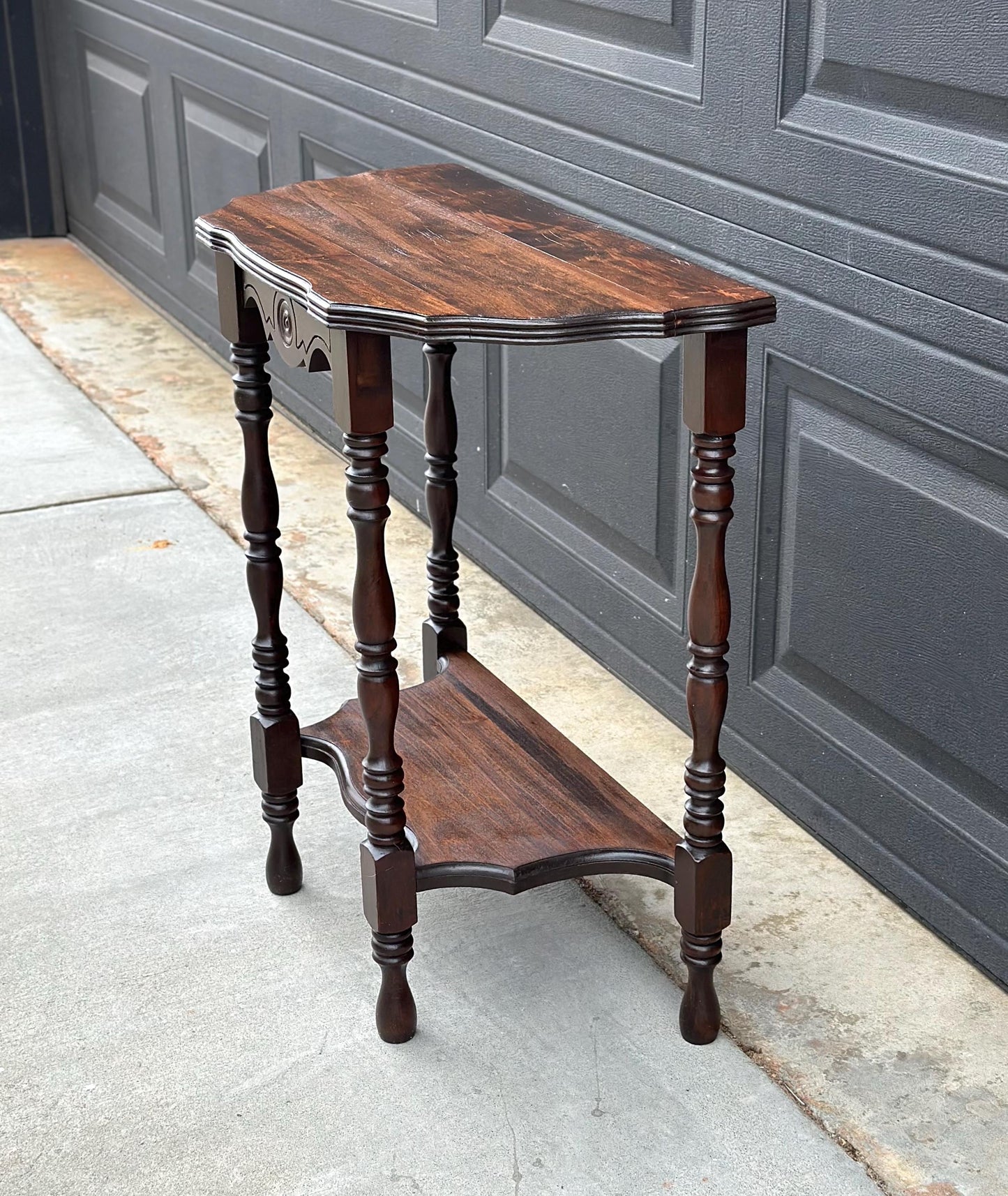 Antique Early 1900's Solid Wood Half Moon Spindle Leg Two Tier Cherry Wall Table