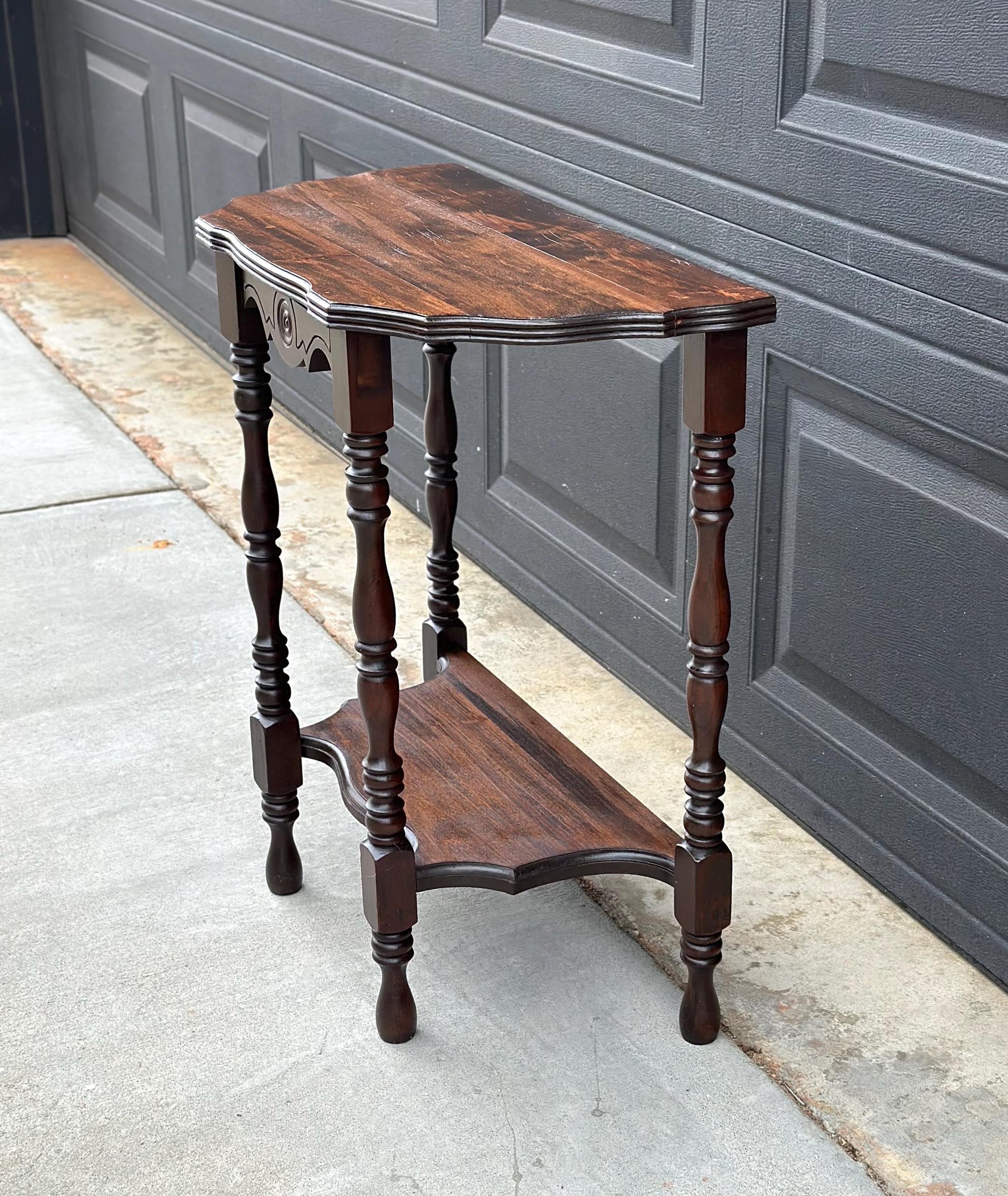 Antique Early 1900's Solid Wood Half Moon Spindle Leg Two Tier Cherry Wall Table